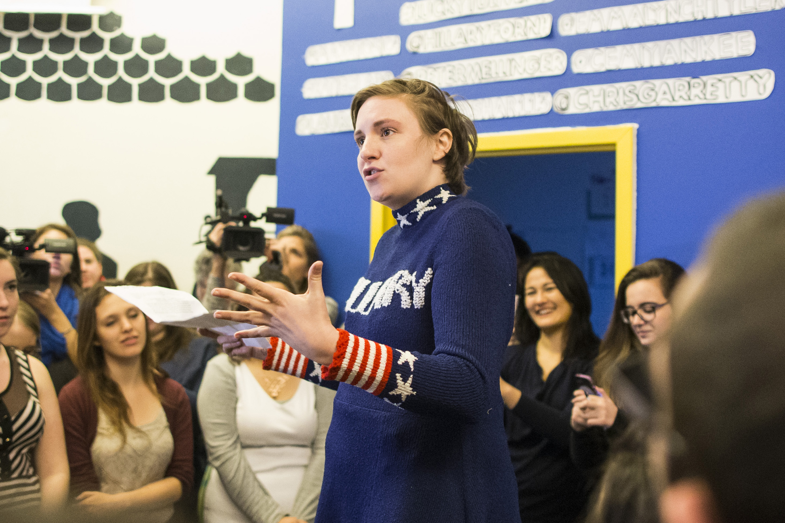 Lena Dunham speaks to a crowd at a Hillary Clinton campaign office in Manchester, N.H., on Jan. 8, 2016 (Scott Eisen—Getty Images)