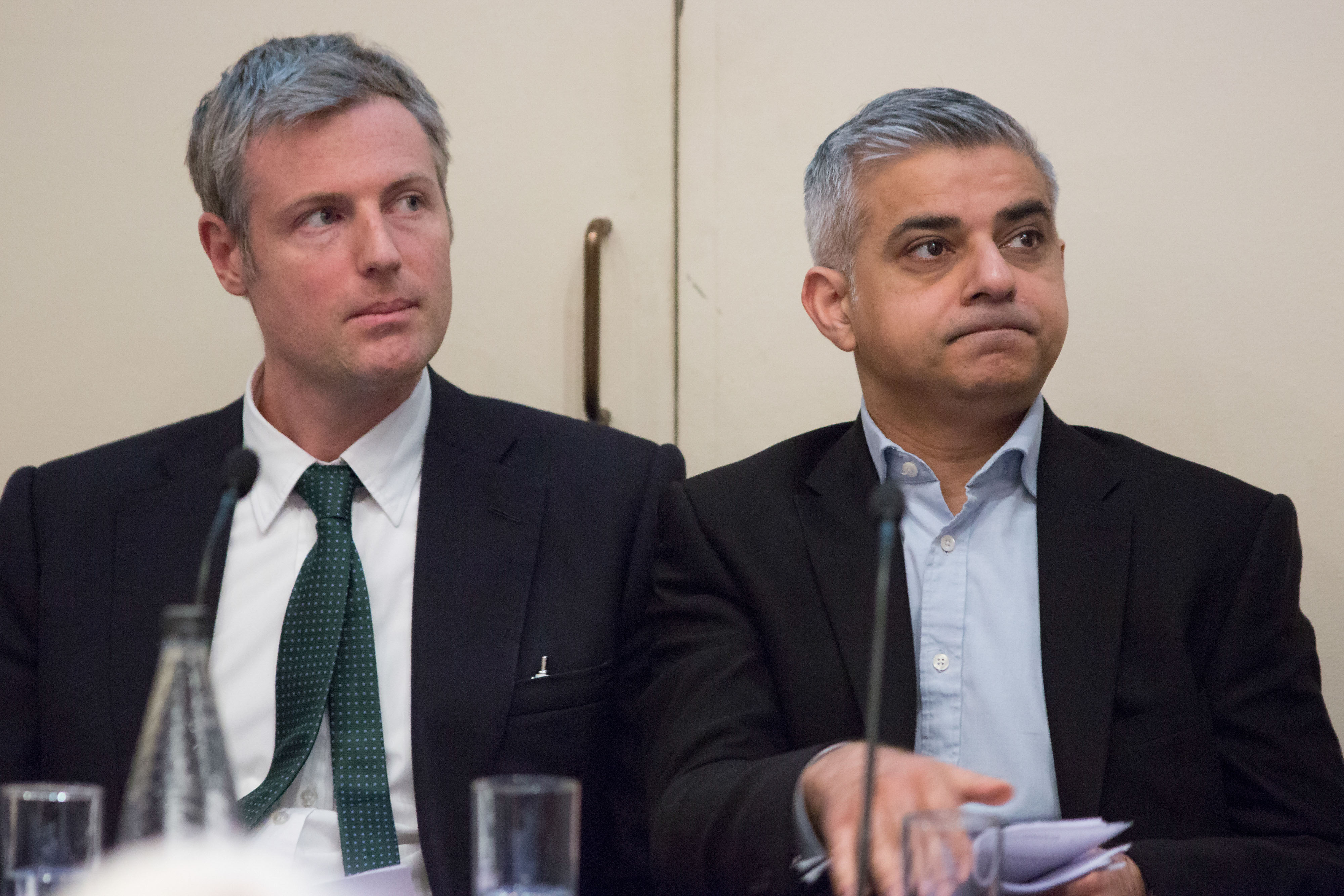 Zac Goldsmith, U.K. ruling Conservative Party candidate for the role of London Mayor, left and Sadiq Kahn, U.K. opposition Labour Party candidate for the role of London Mayor, attend the launch of the London Housing Commission Report at the Geological Society in London, U.K., on Monday, March 7, 2016. (Jason Alden&mdash;Bloomberg/Getty Images)