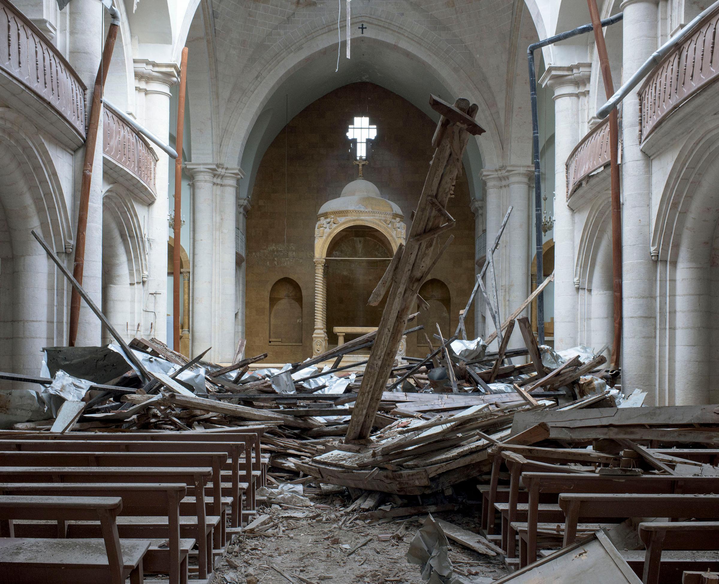Destruction inside the former Maronite Cathedral of Aleppo, Syria, March 2016.