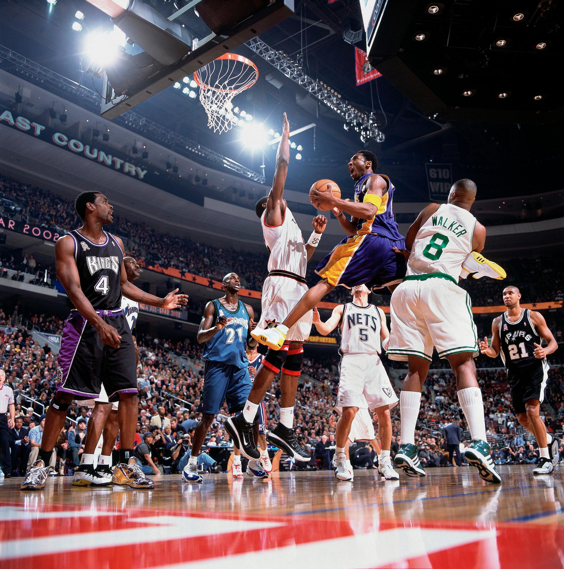 Los Angeles Lakers' Kobe Bryant (8) in action during the NBA All-Star basketball game in Philadelphia on Feb. 9, 2002.
