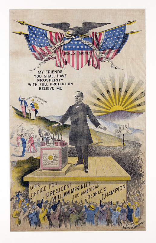Cotton screen-printed campaign kerchief with full-length portrail of William McKinley standing on a platform surrounded by cheering crowd with a rising sun in the background, 1896. (The New York Historical Society / Getty Images)