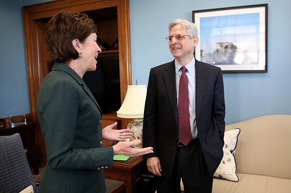 U.S. Sen. Susan Collins (R-ME) meets with Supreme Court Justice nominee Merrick Garland (R) in her office on Capitol Hill April 5, 2016 in Washington, DC.