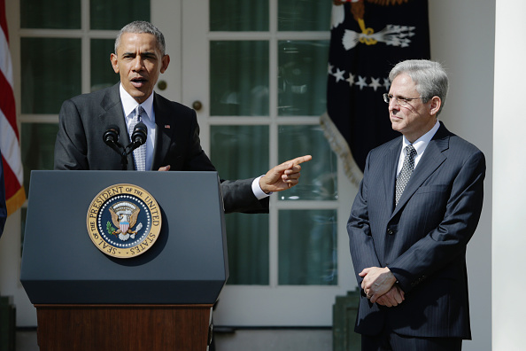 U.S. President Barack Obama (L) stands with Judge Merrick B. Garland, while nominating him to the US Supreme Court, in the Rose Garden at the White House, March 16, 2016 in Washington, DC.