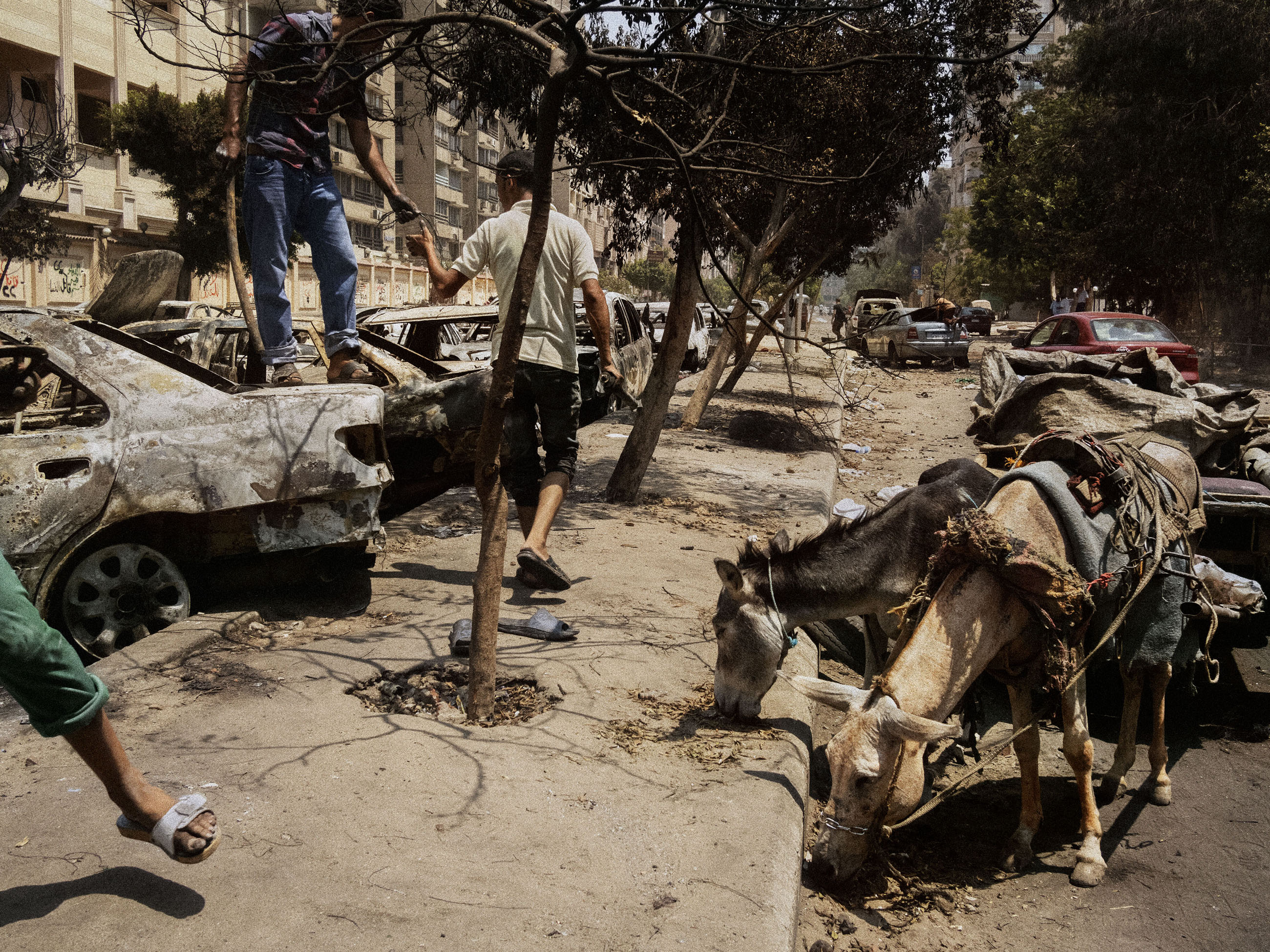 Men collecting scrap metal from burned cars and debris next to the Rabaa al-Adawiya mosque in Nasr City, the site of a massacre against Muslim Brotherhood supporters at the hands of the Egyptian police and army. Cairo, Egypt, 2013.