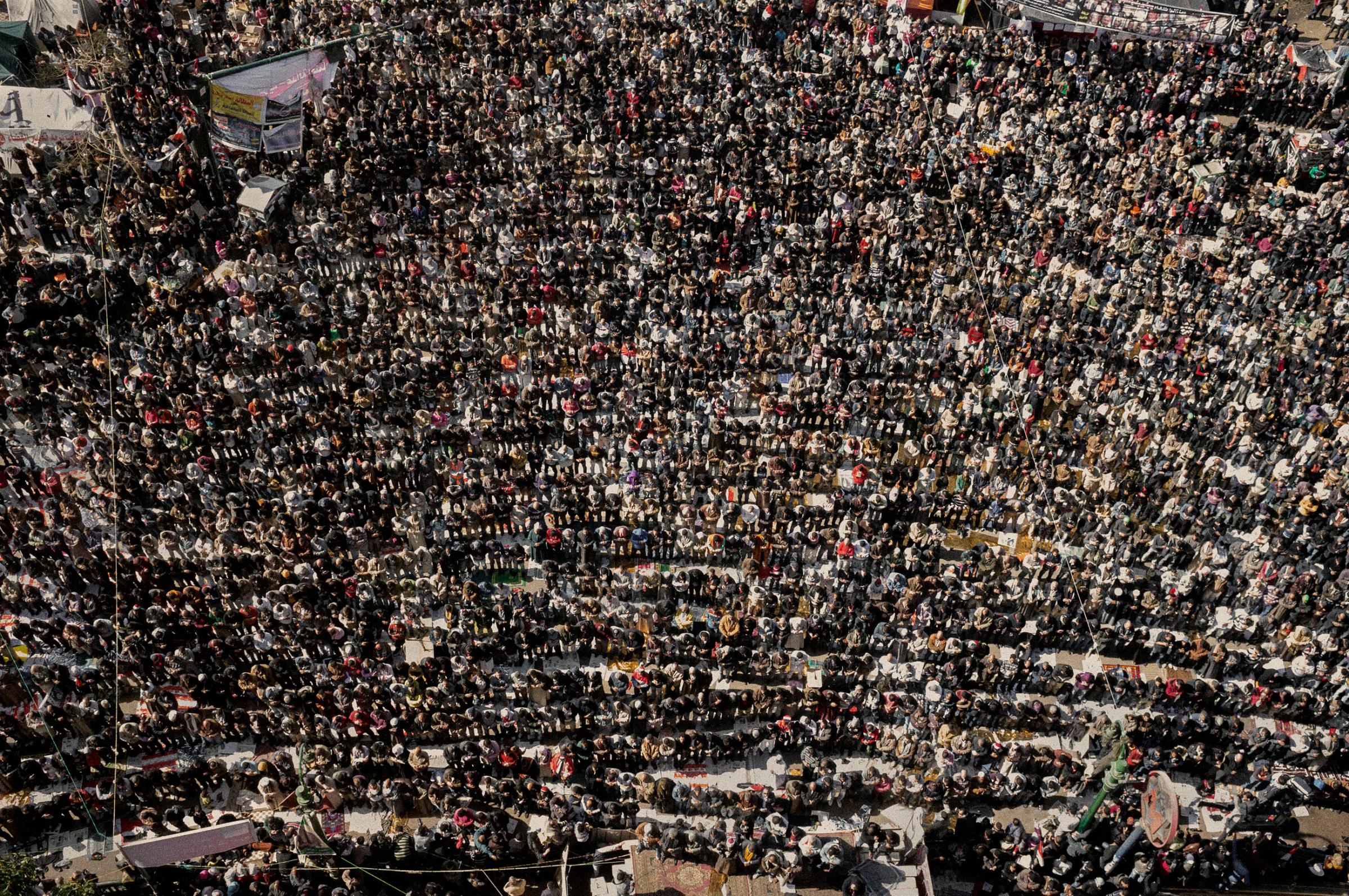 EGYPT. Cairo. January, 2012. Mass outdoor prayer duringthe first anniversary of theRevolution in Tahrir Square.