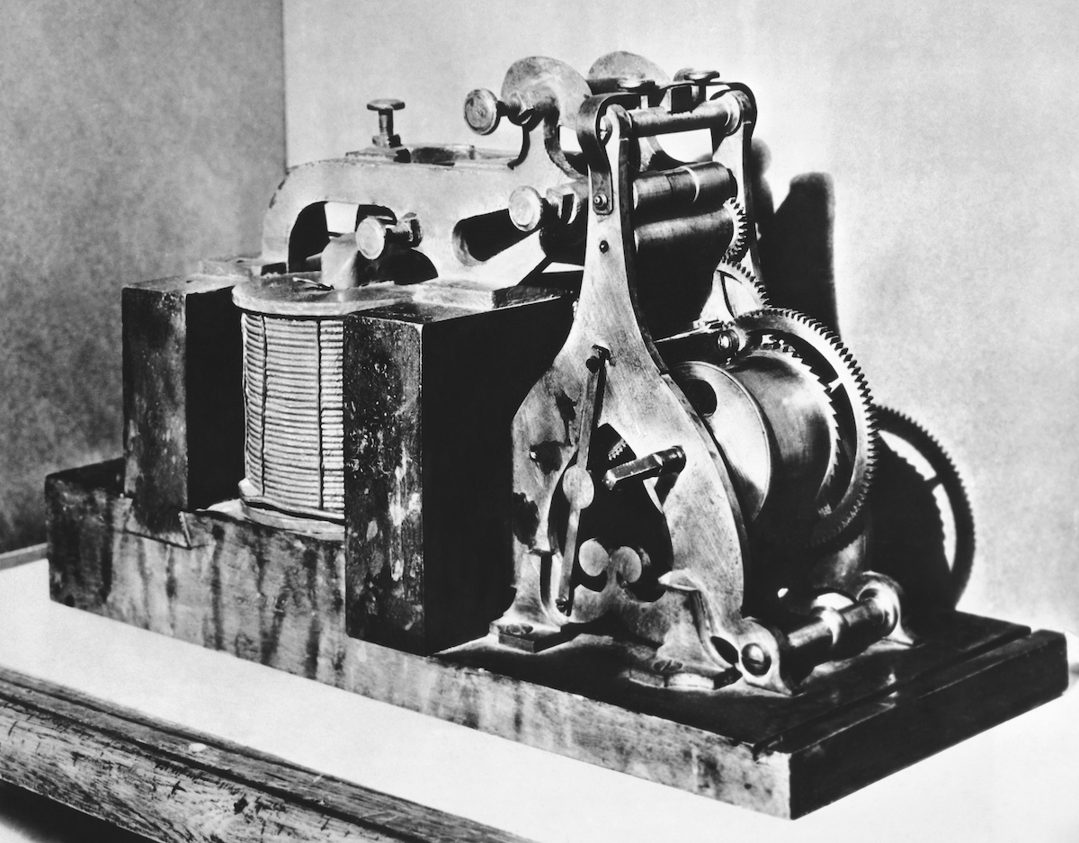 The original Morse telegraph receiver on which "What Hath God Wrought?" was received on May 24, 1844 in Washingon DC.; photographed in 1936 (Underwood Archives / Getty Images)