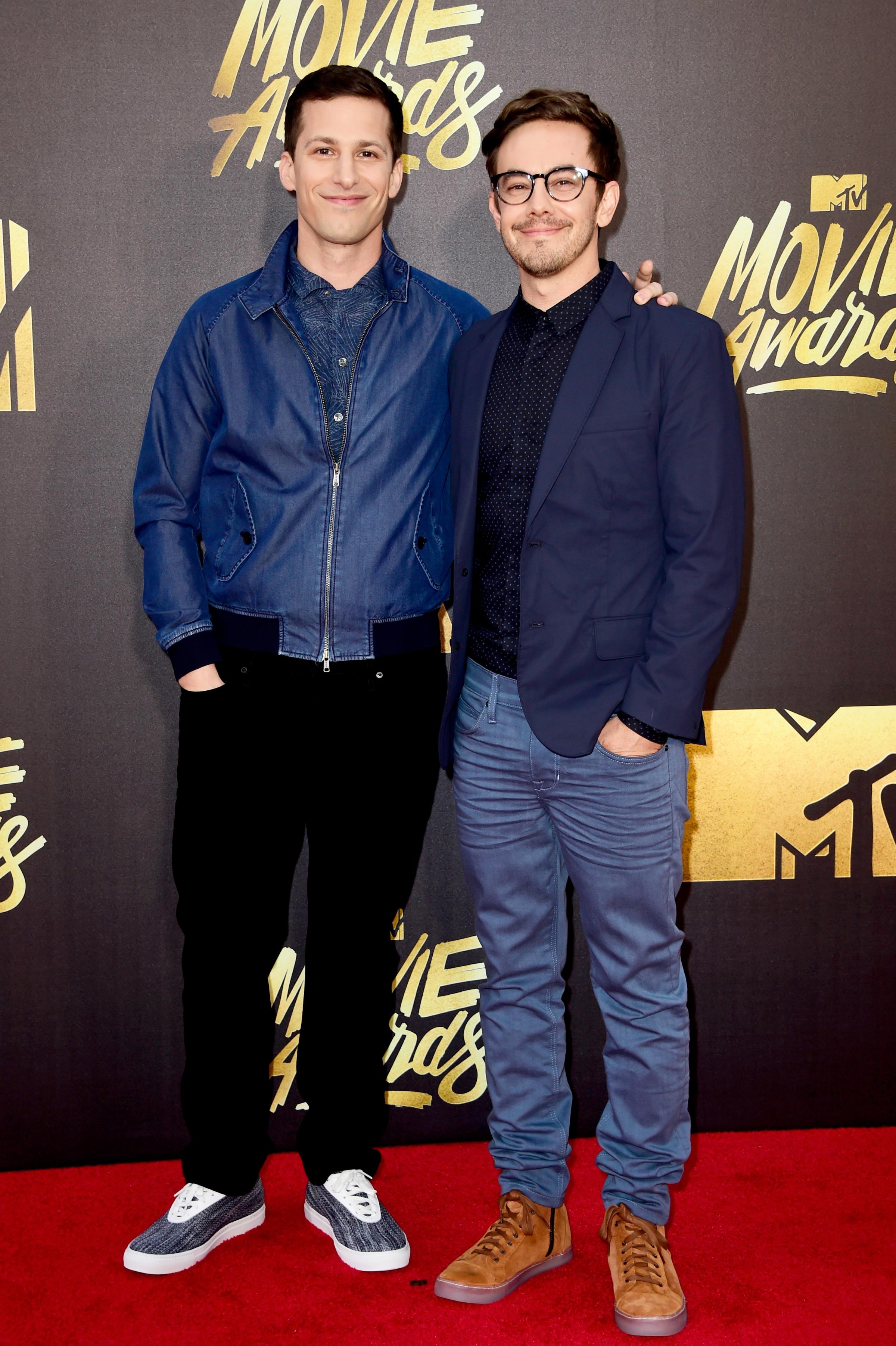 Andy Samberg and Jorma Taccone of The Lonely Island attend the 2016 MTV Movie Awards at Warner Bros. Studios on April 9, 2016 in Burbank, Calif.
