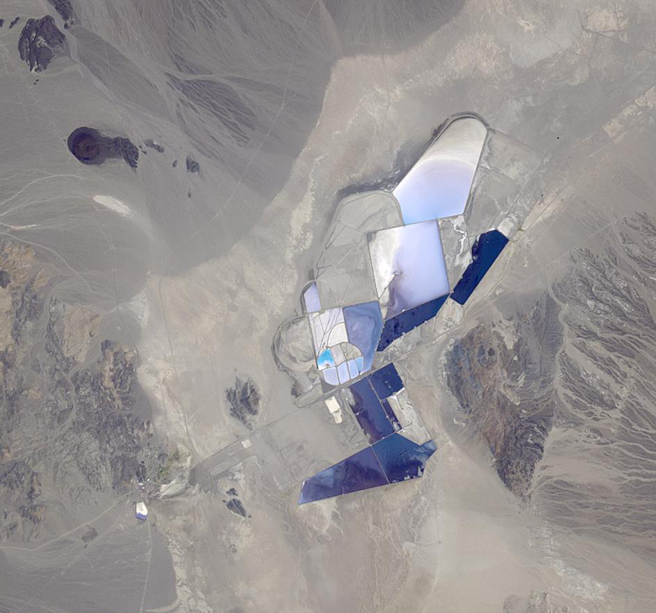 The Chemetall Foote Lithium Operation in Silver Peak, Nevada is currently the only operating source of lithium in the United States, used primarily in the manufacture of batteries. The image was acquired on June 29, 2013.