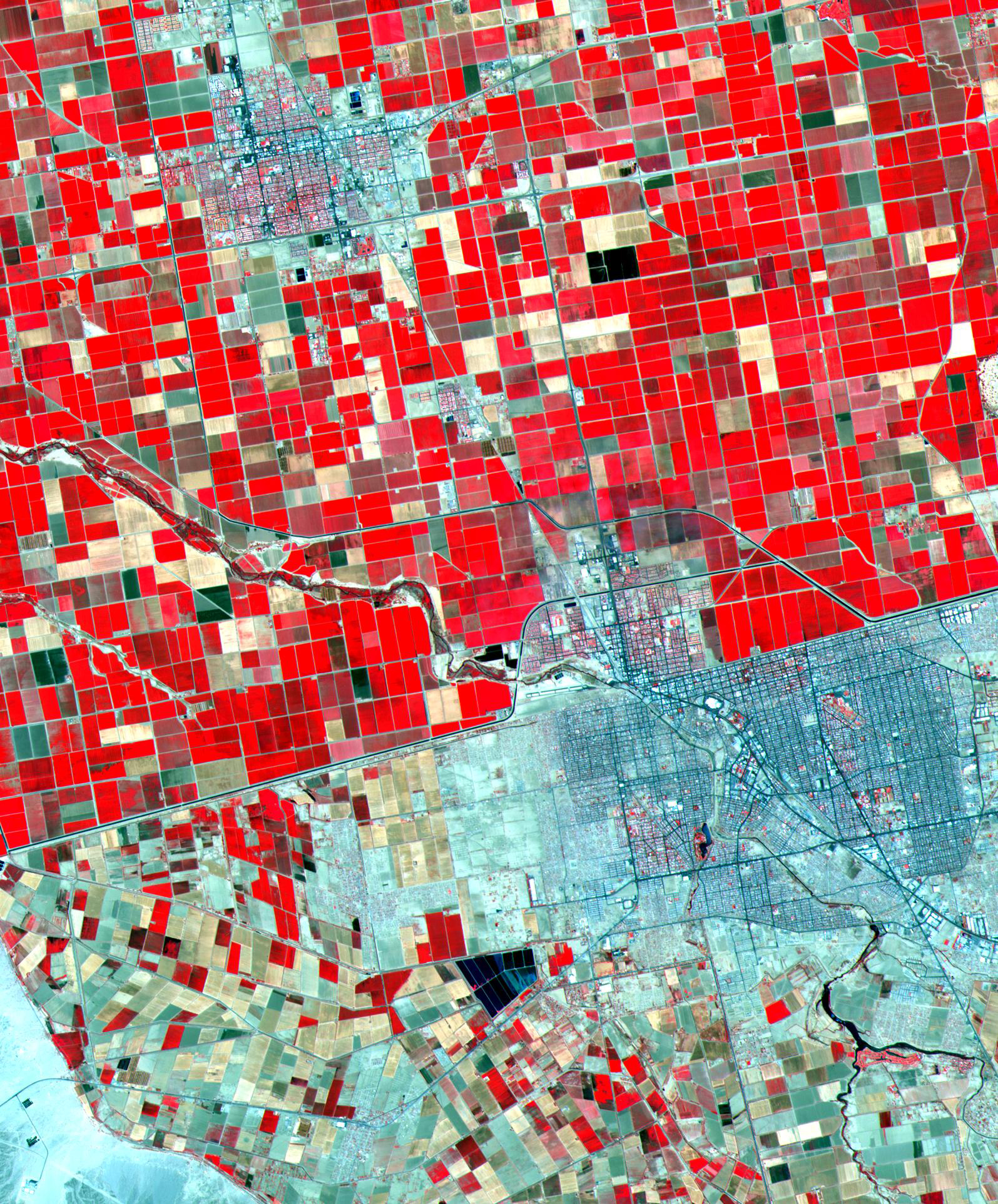 The dramatic difference in land use patterns between El Centro, CA, and Mexicali-Calexico, Mexico, is highlighted by the lush, regularly gridded agricultural fields of the US, and the more barren fields of Mexico. The combination of visible and near infrared bands displays vegetation in red. This image was acquired on May 19, 2000.