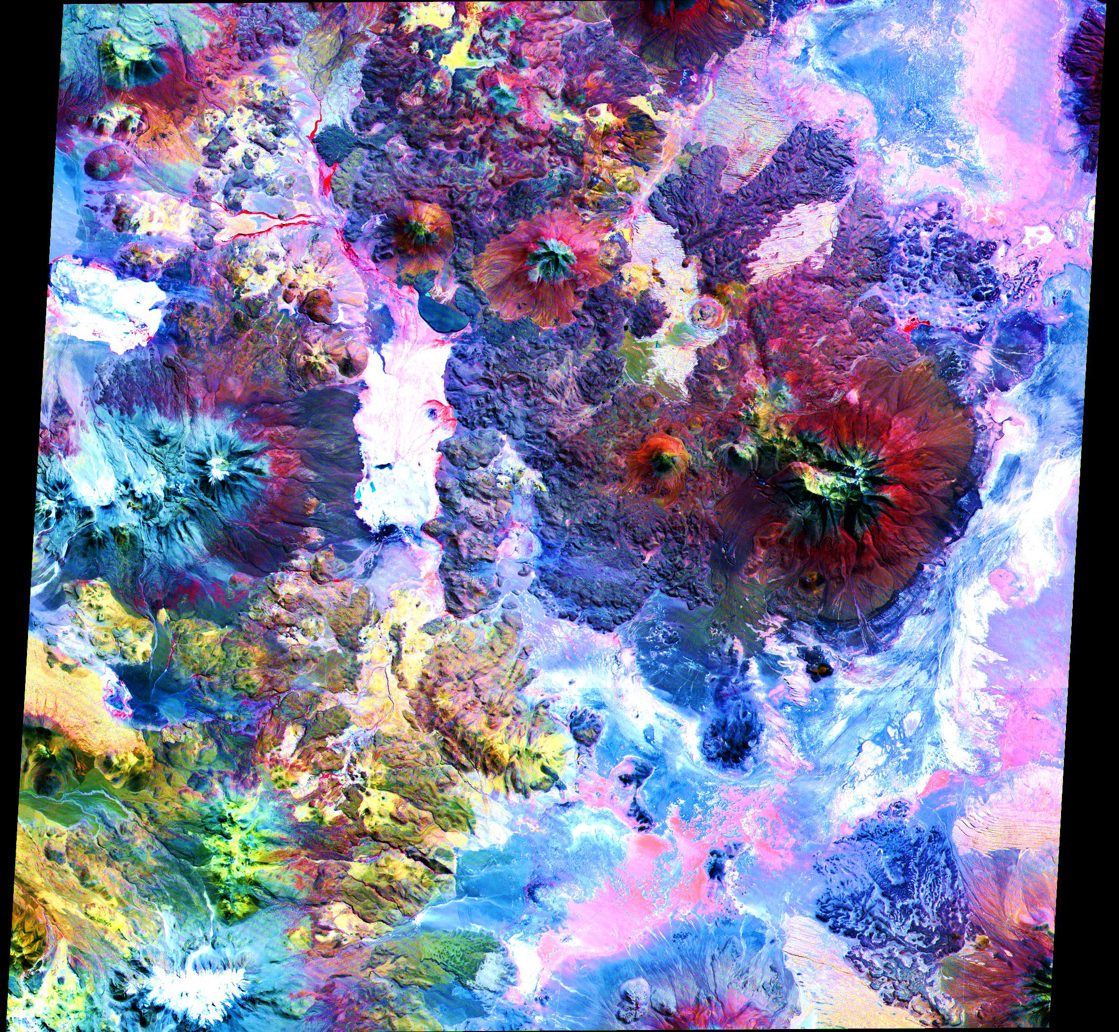 The visible and infrared data have been computer enhanced to exaggerate the color differences of the different materials of the Pampa Luxsar lava complex in the Andes. This image was acquired April 7, 2000.