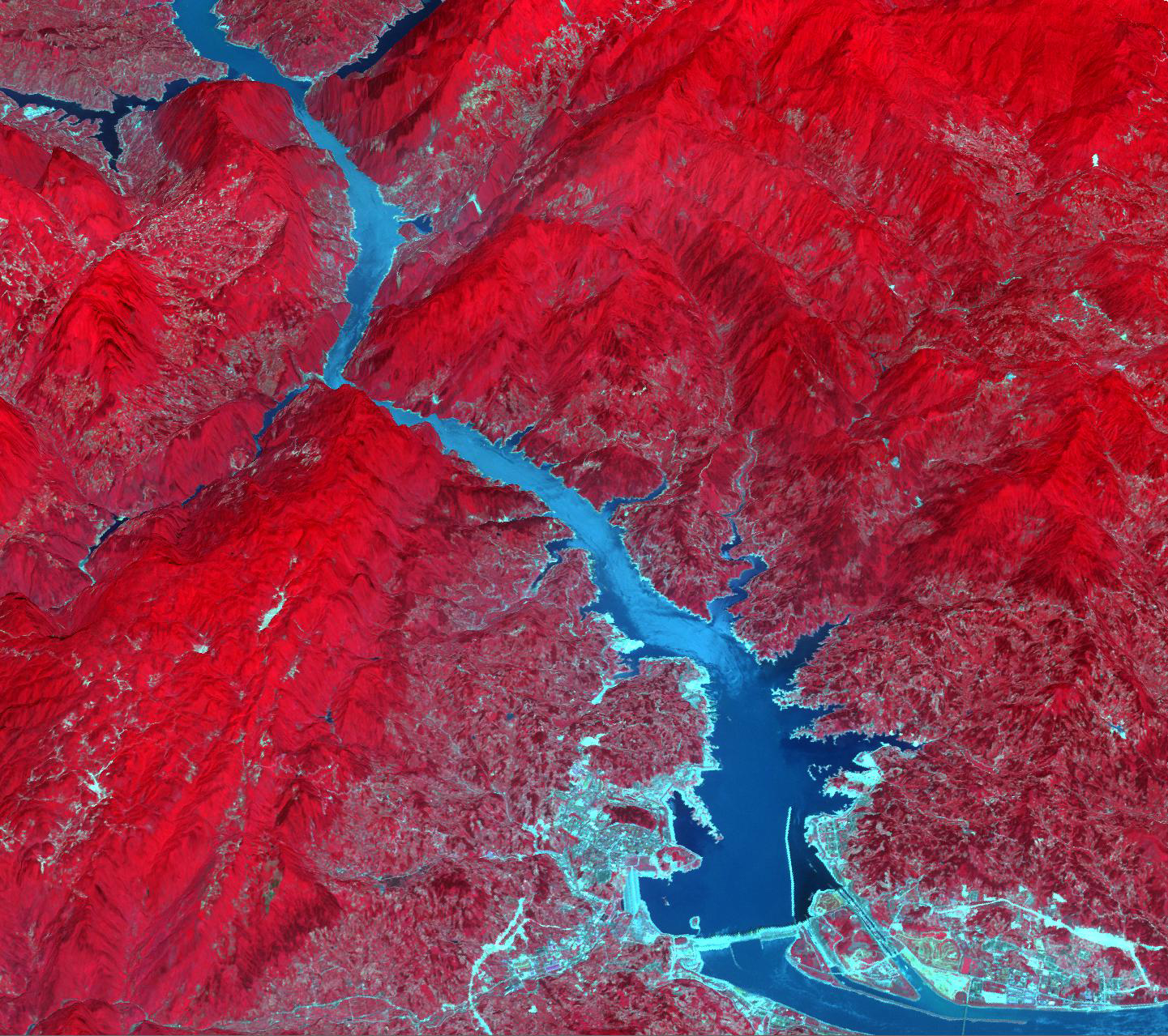 The Three Gorges Dam spans the Yangtze River in east-central China. Since its completion in 2008, over 1.3 million people were relocated; 13 cities, 140 towns, and 1350 villages were submerged; and the cost of the project exceeded $40 billion. Vegetation appears red at the near-infrared wavelengths captured here. The image was acquired June 24, 2009.