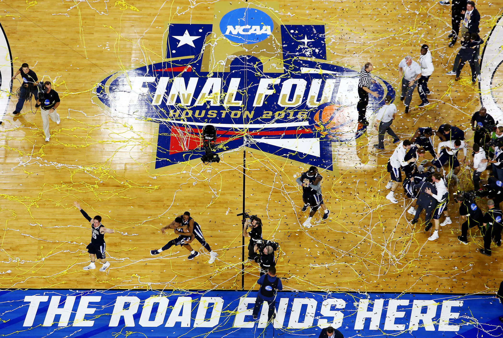 The Villanova Wildcats celebrate defeating the North Carolina Tar Heels 77-74 to win the 2016 NCAA college basketball National Championship game on April 4, 2016 in Houston.