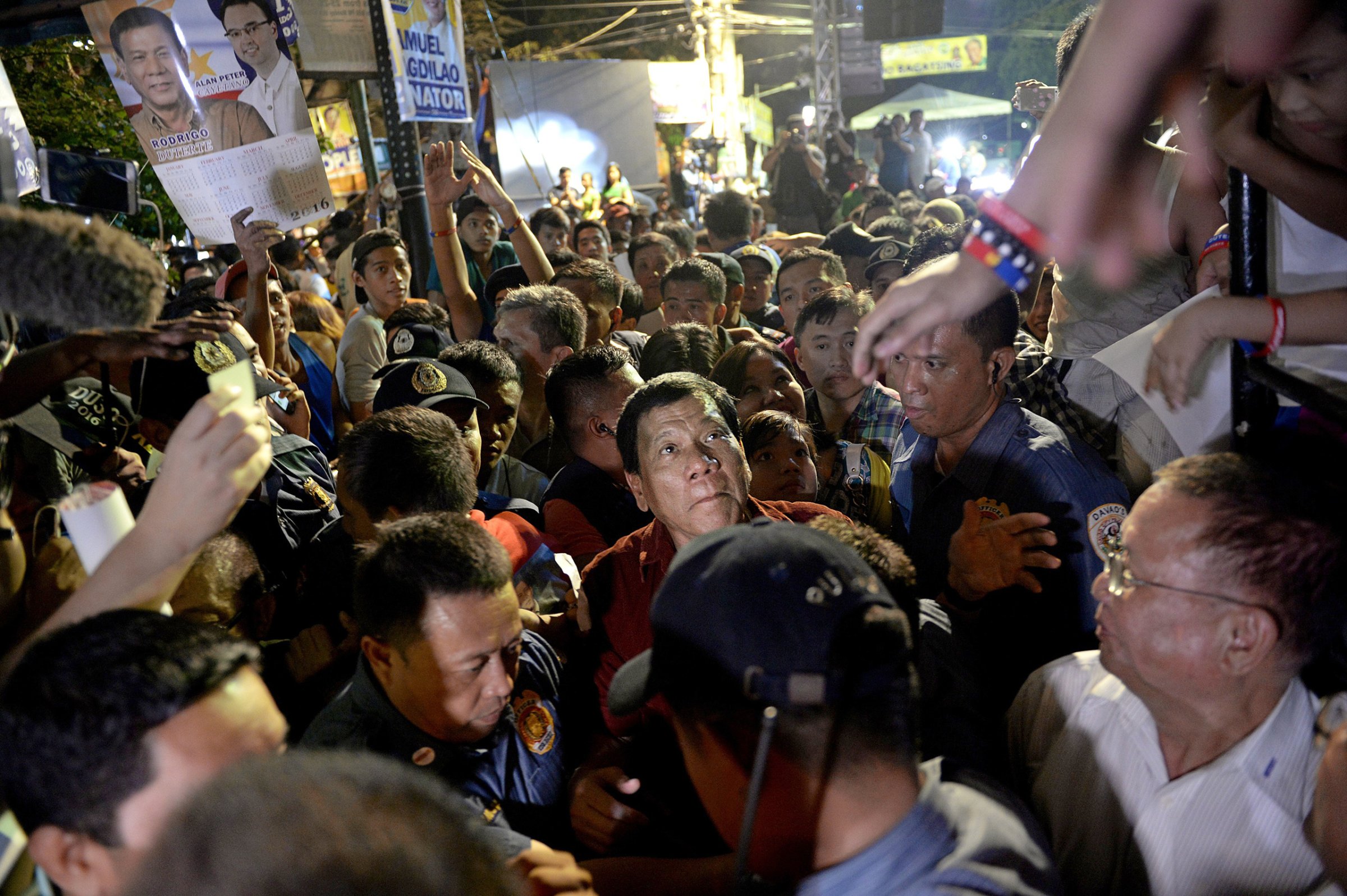 Mayor Rodrigo “the Punisher” Duterte greets supporters in Manila in February