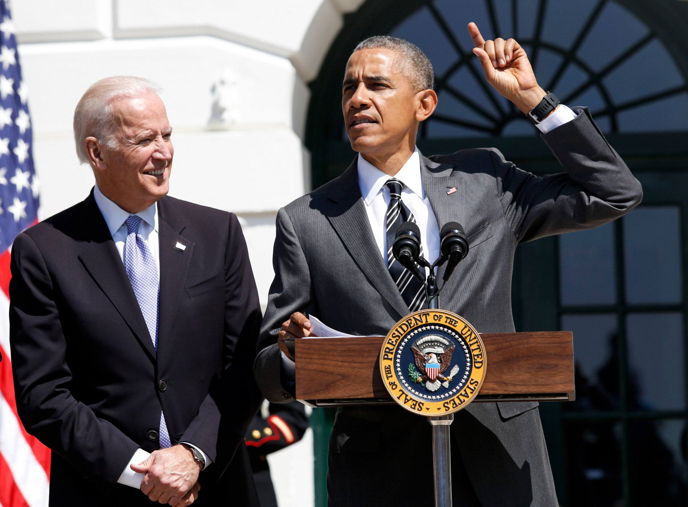 US President Barack Obama (R) speaks during the Wounded Warrior Ride event while Vice President Joe Biden (L) listens at the White House, in Washington, DC, USA on April 14, 2016. The event helps raise awareness to the public about severely injured veterans and provides rehabilitation opportunities. Photo by Aude Guerrucci/Pool/Sipa USA