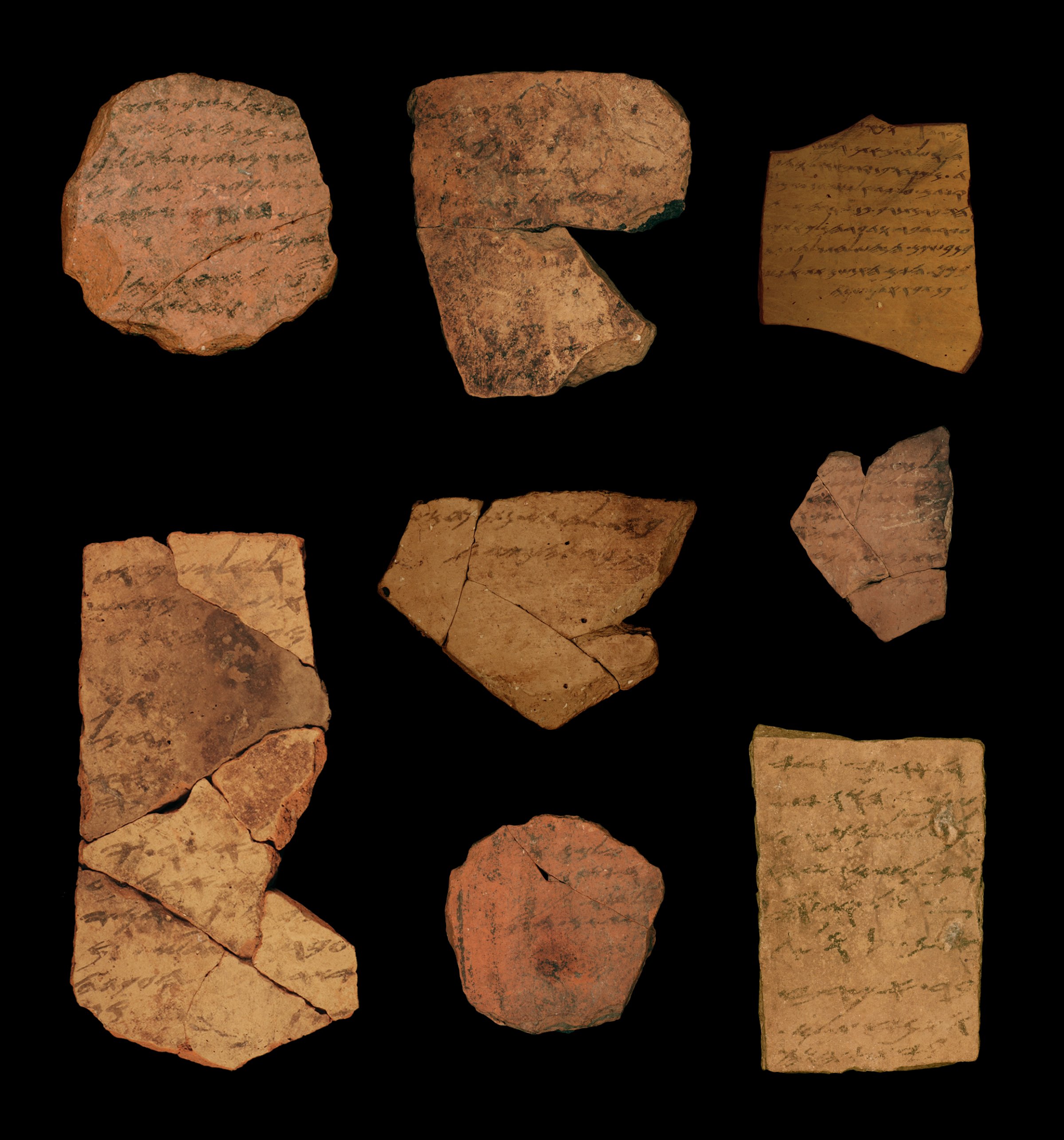 "Pictured are ostraca (ink inscriptions on clay) from the Iron Age fortress of Arad, located in arid southern Judah. These documents are dated to the latest phase of the First Temple Period in Judah, ca. 600 BCE. The texts represent correspondence of local military personnel. The research engaged new document analysis algorithms aimed at identifying different writers. It detected at least six contemporaneous authors within a corpus of 16 inscriptions. This indicates a high literacy level within the Judahite administration and provides a possible stage-setting for compilation of biblical texts.