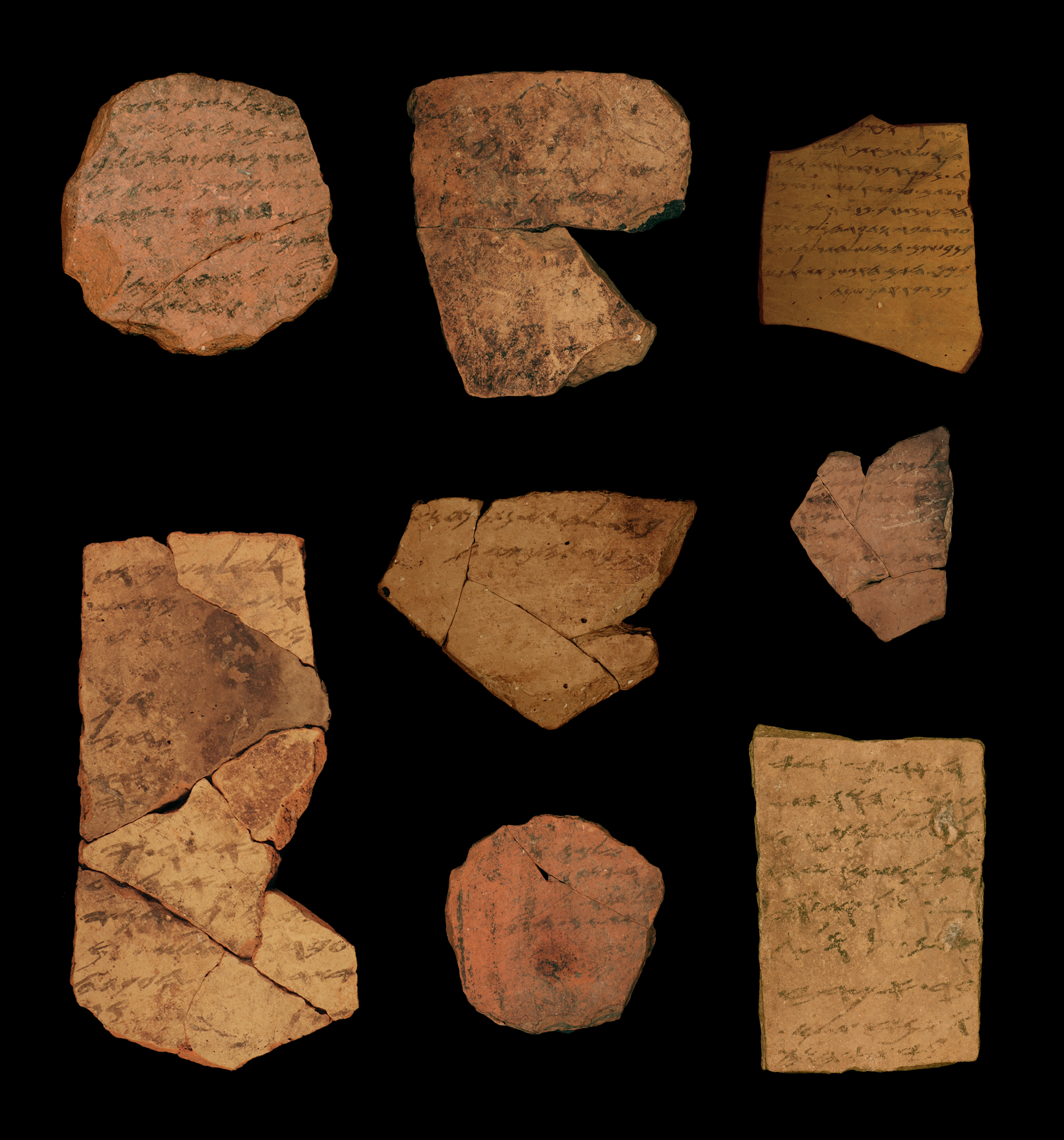 Ostraca (ink inscriptions on clay) from the Iron Age fortress of Arad, southern  Judah. These  documents are dated to the latest phase of the First Temple Period  in  Judah, ca. 600 BCE. This  indicates a high literacy level within the Judahite administration and provides a possible stage-setting for compilation of biblical texts. (Michael Cordonsky—Tel Aviv University/Israel Antiquities Authority.")