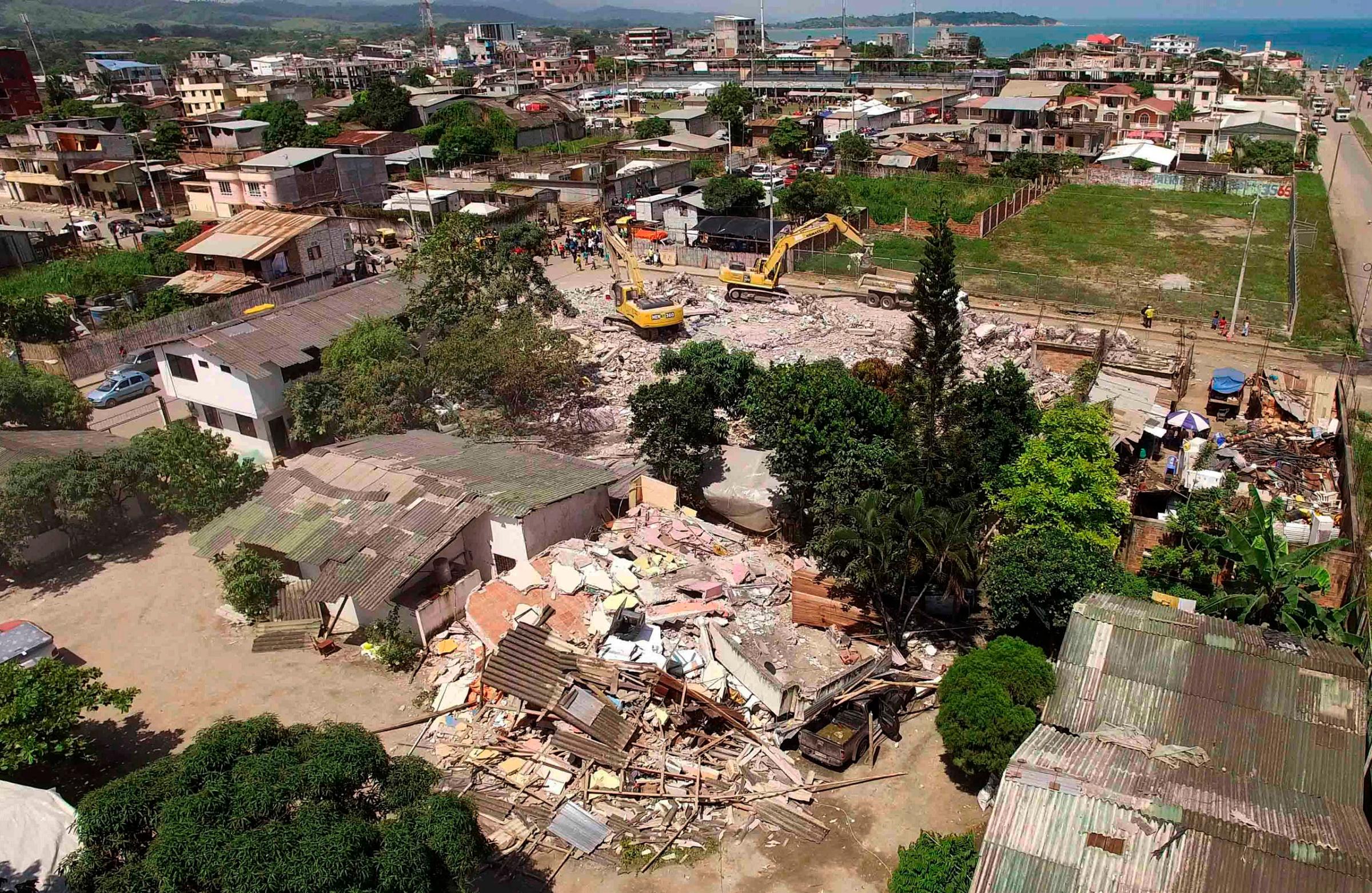 An aerial view of Pedernales, one of Ecuador's worst-hit towns, on April 18, 2016, two days after a 7.8-magnitude earthquake hit the country.