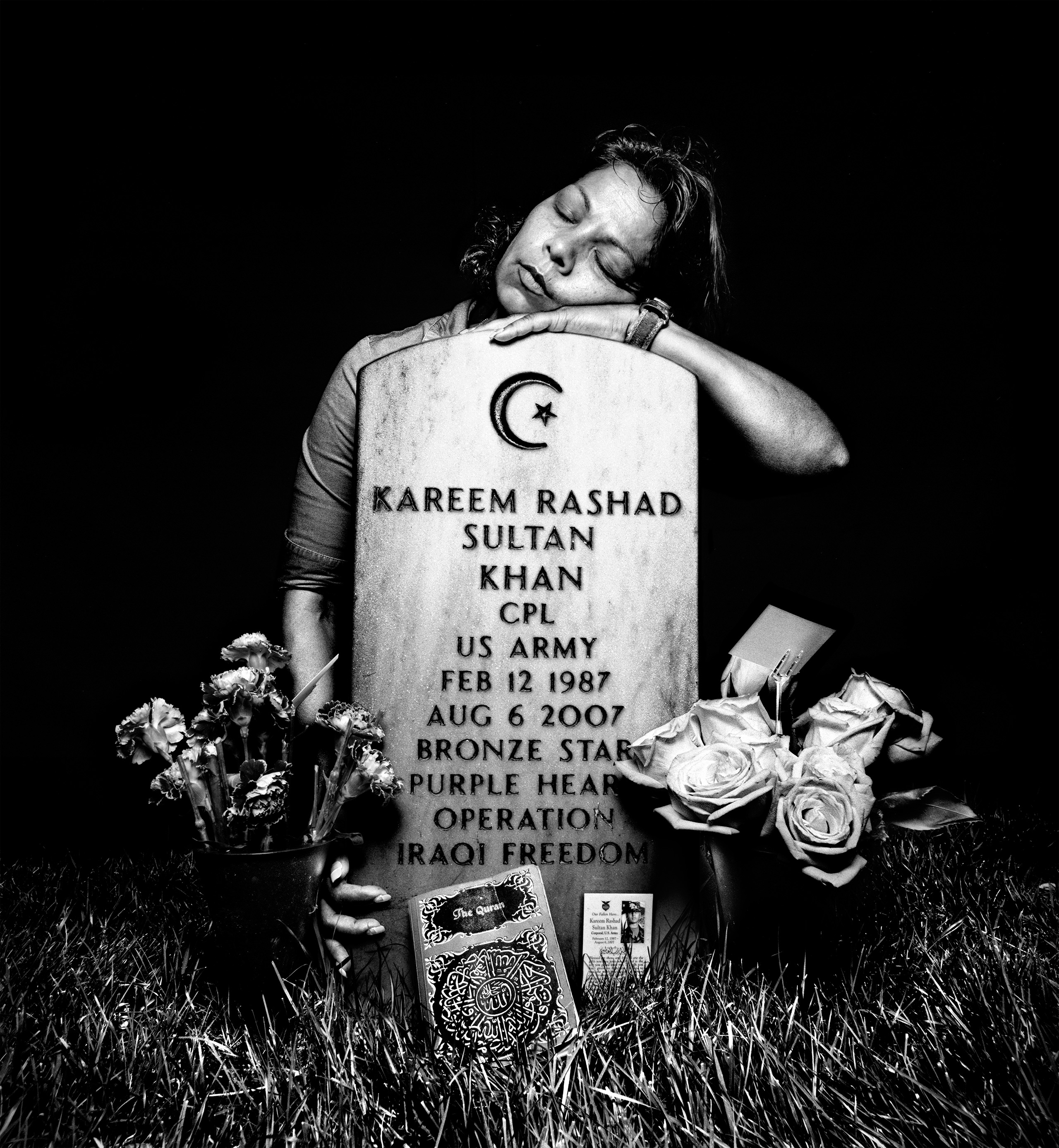Elsheba Khan at the grave of her son, Spc. Kareem Rashad Sultan Khan, in Section 60 of Arlington National Cemetery, 2008. Spurred by the September 11 attacks on the World Trade Center, Khan, a Muslim, enlisted immediately after graduating high school in 2005 and was sent to Iraq in July 2006. He was killed a year later.