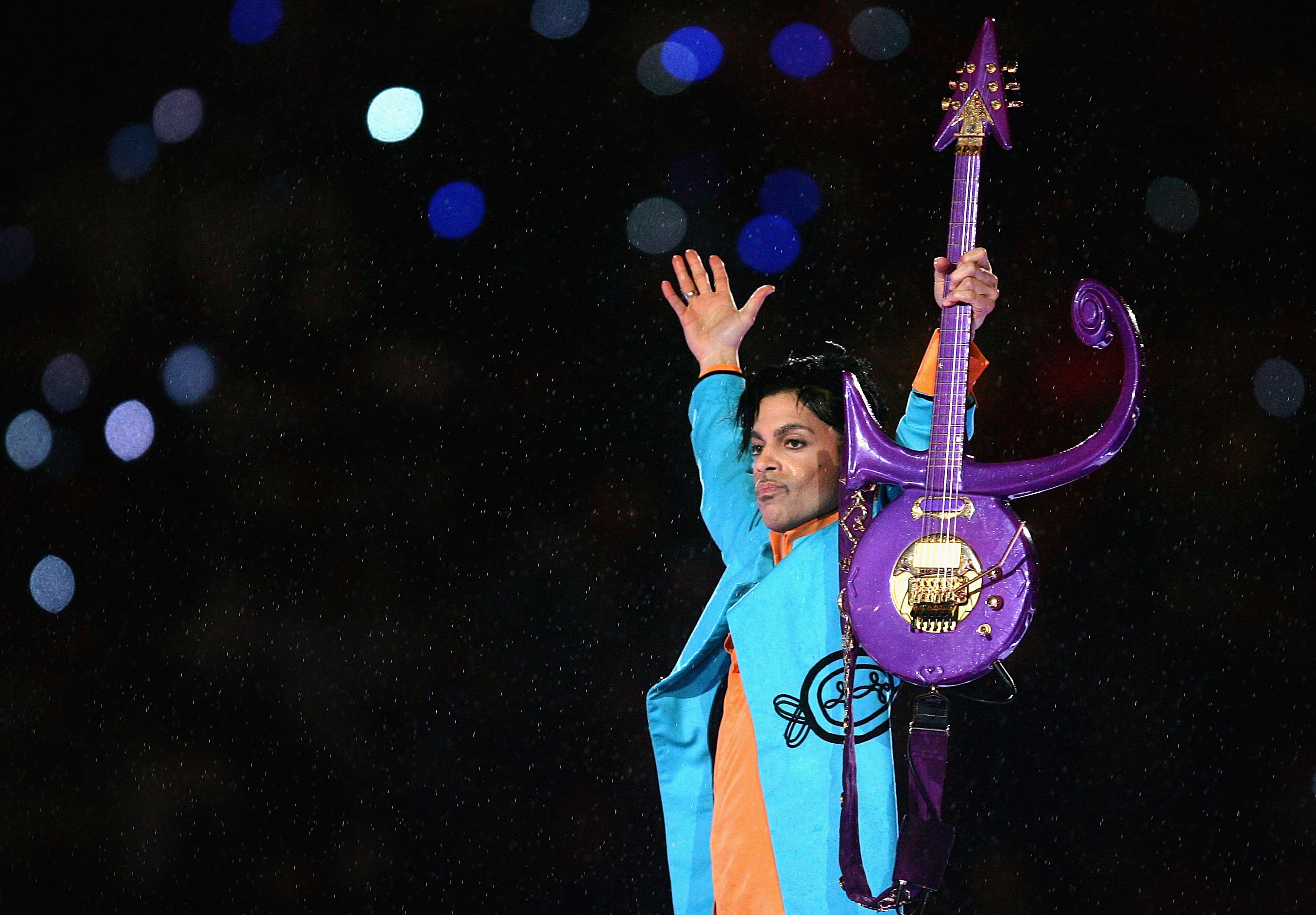 Prince performs during half-time at Super Bowl XLI on February 4, 2007 in Miami, Fla.