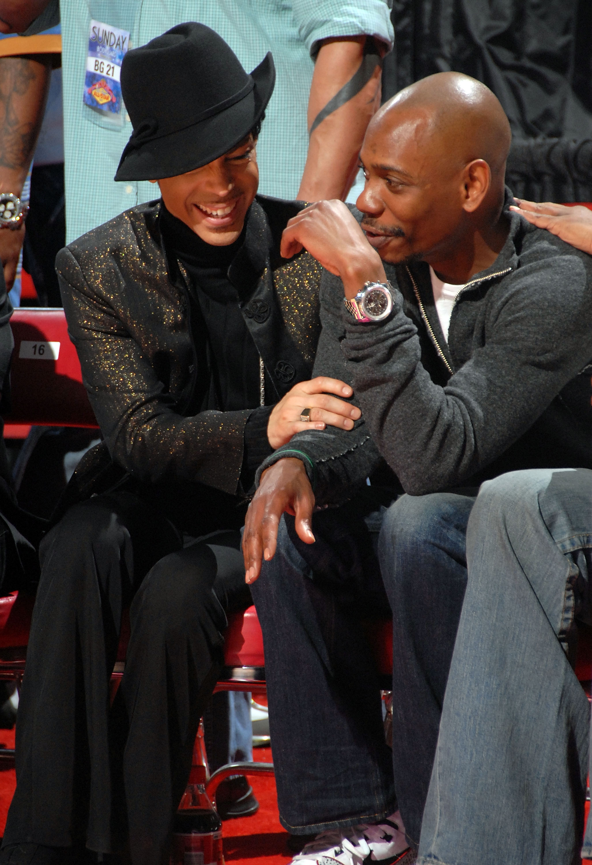 Prince with comedian Dave Chappelle at the 2007 NBA All-Star Game on Feb. 18, 2007 in Las Vegas.