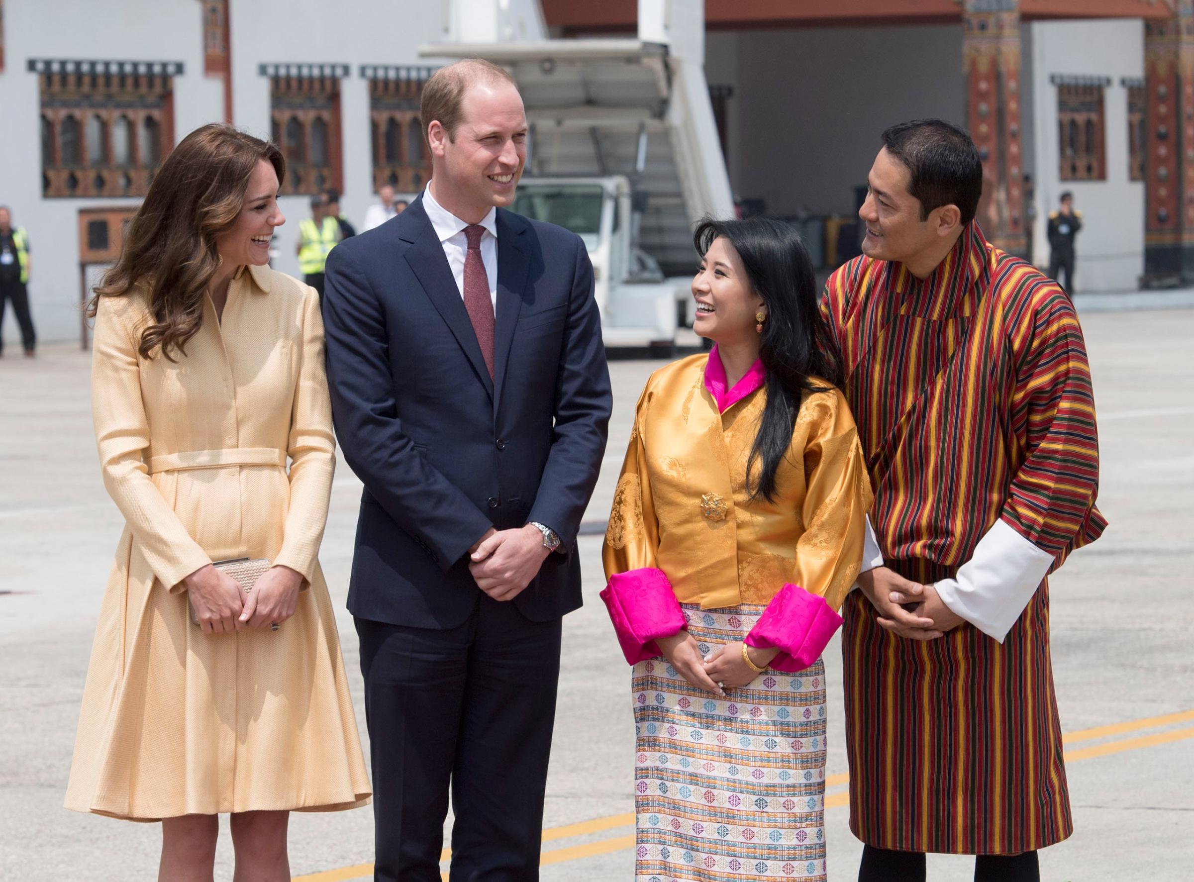 Prince William and Catherine, Duke and Duchess of Cambridge, arrive to meet King Jigme Khesar Namgyel Wangchuck and Queen Jetsun Pema at Paro International Airport in Bhutan, April 14, 2016.