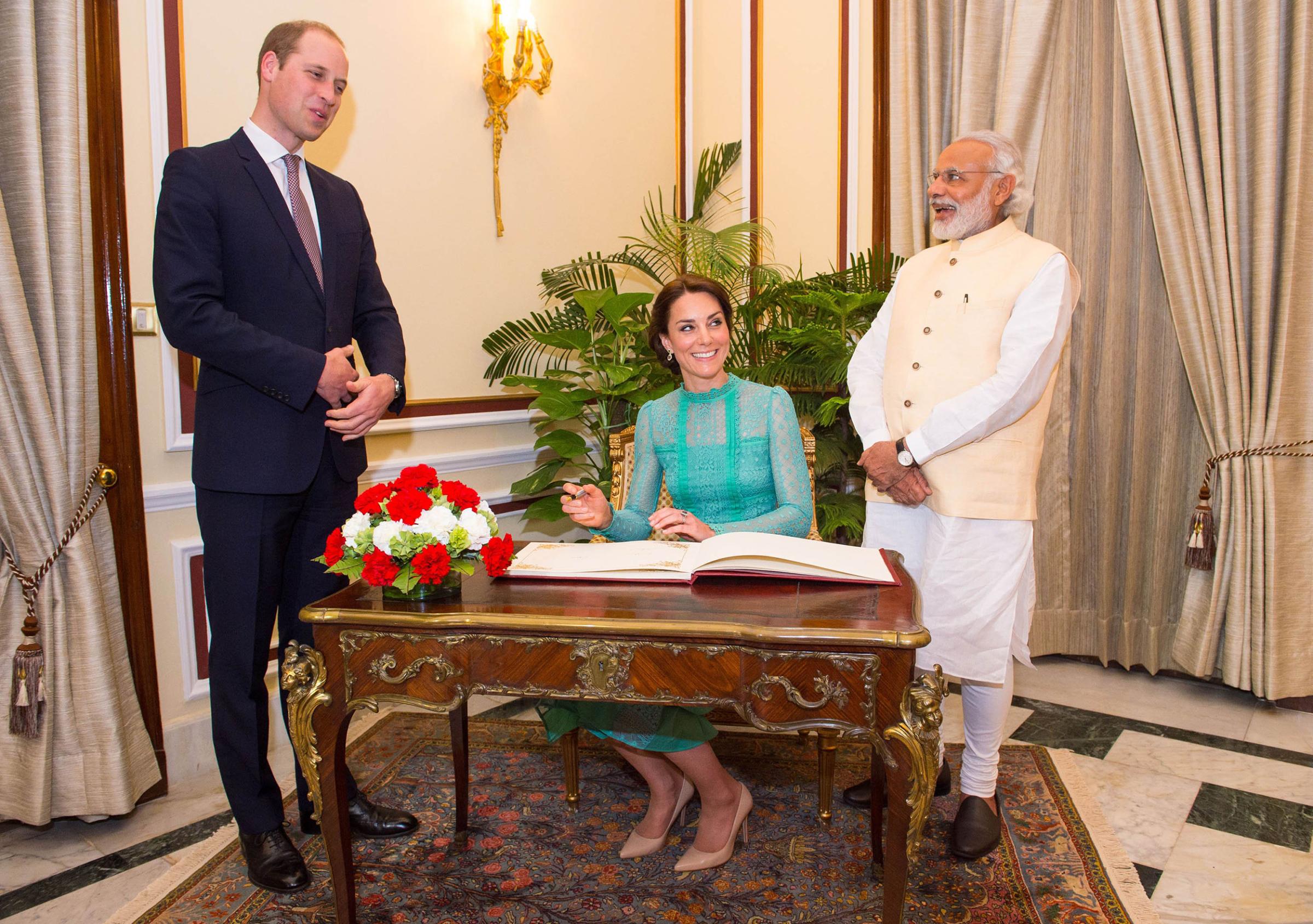 Catherine, Duchess of Cambridge and Prince William, Duke of Cambridge meet Prime Minister of India Narenda Modi in New Delhi's Hyderabad House in New Dehli, India on April 12, 2016.