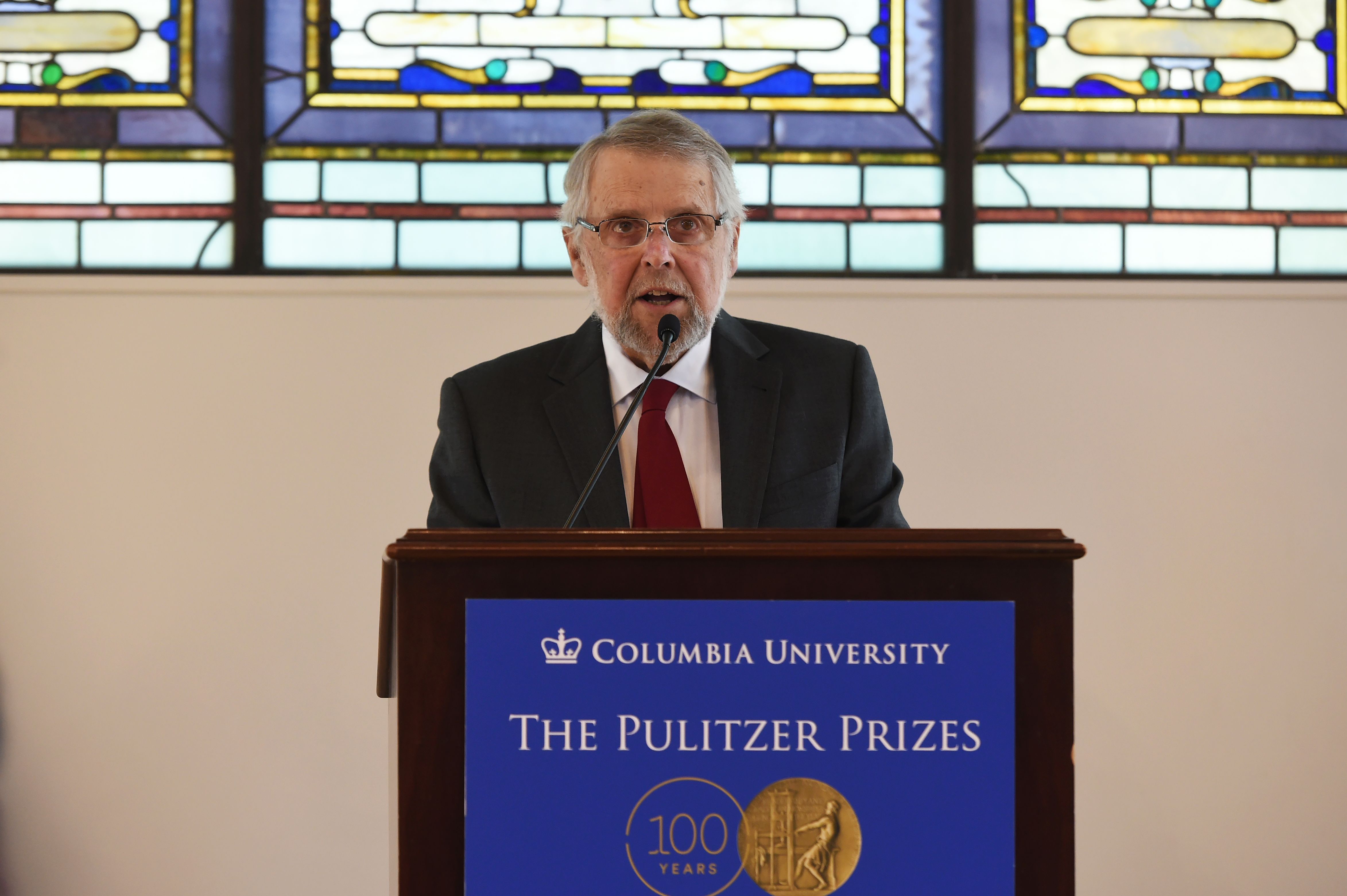 Mike Pride, administrator of The Pulitzer Prizes, announces the 2016 Pulitzer Prize winners at the Columbia University in New York on April 18, 2016. (Jewel Samad—AFP/Getty Images)