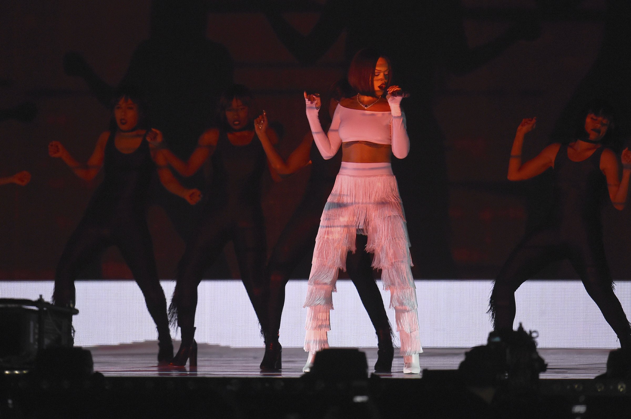 Rihanna performs onstage at the BRIT Awards at The O2 Arena in London, Feb. 24, 2016.