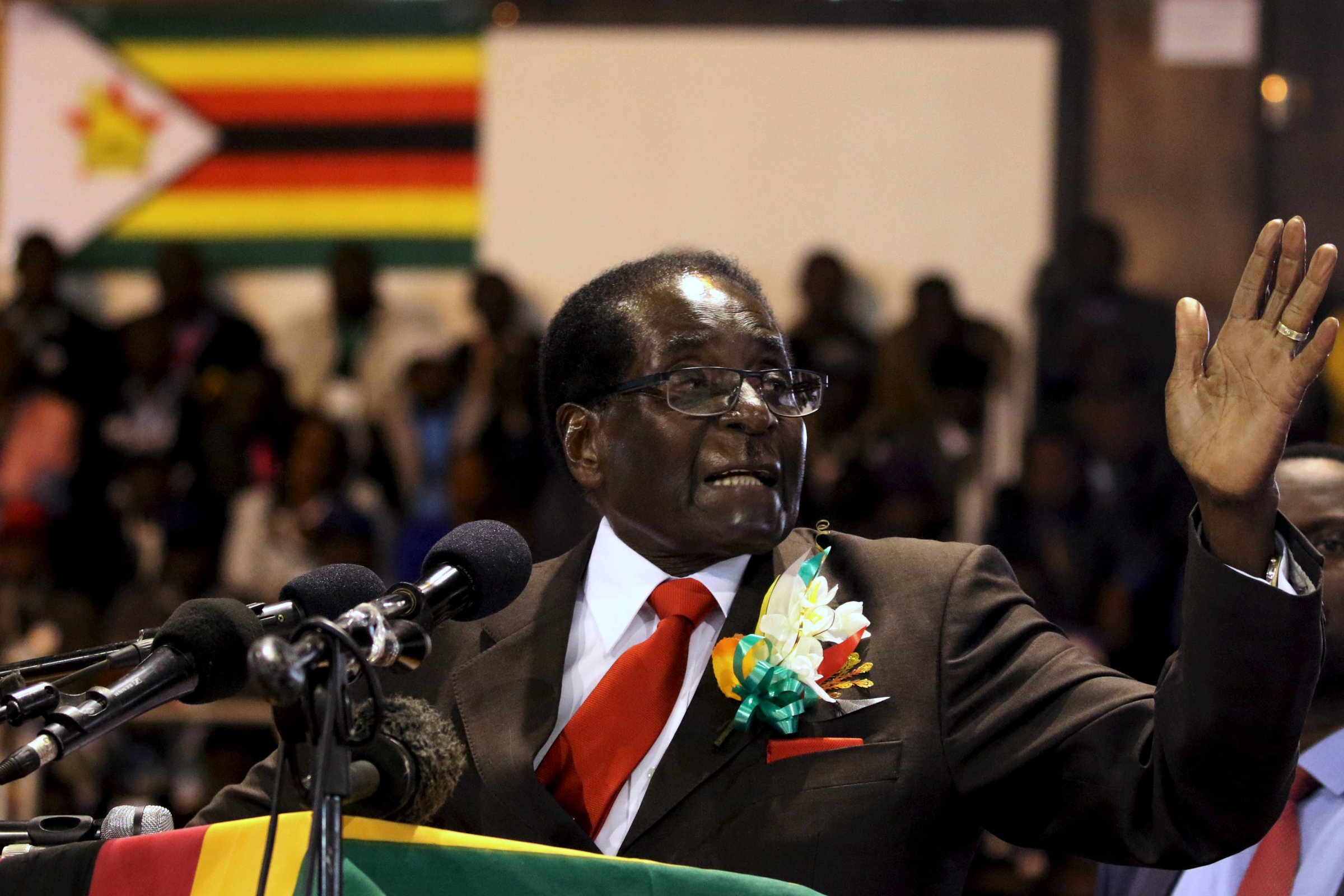 Zimbabwe's President Robert Mugabe gestures while addressing a meeting of veterans of the country's independence war in the capital Harare