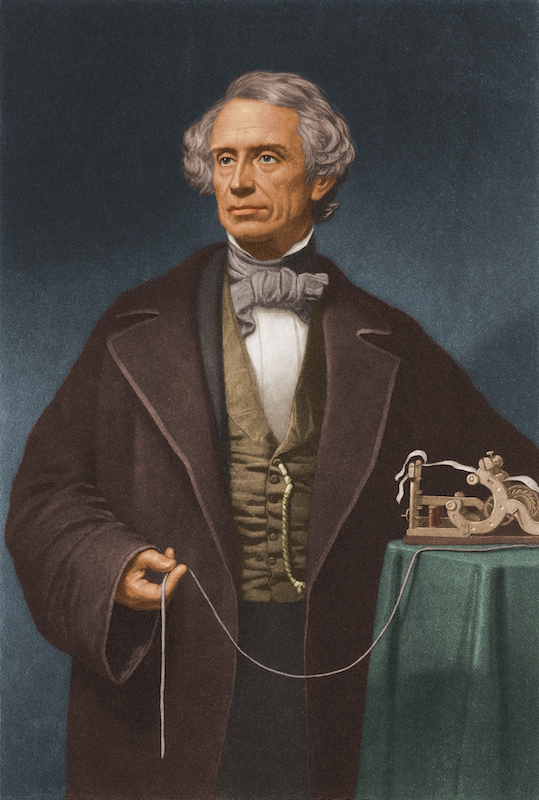 Painted portrait of American artist and inventor Samuel Morse (1791 - 1872), who invented the Morse code system used in sending messages by telegraph, circa 1850. He poses beside a telegraph device. (Hulton Archive/Getty Images) (Stock Montage / Getty Images)