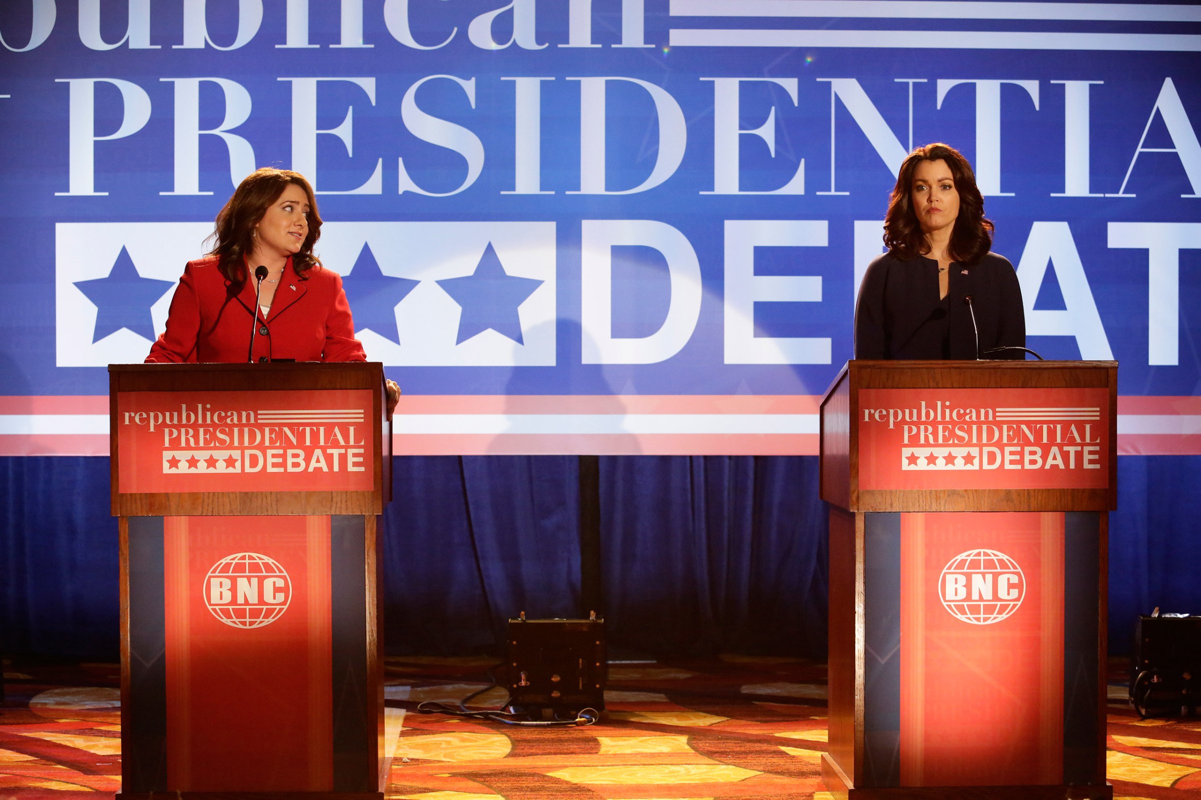 SCANDAL - "Buckle Up" - As Mellie, Susan and Hollis prepare to meet with Florida's governor and vie for her influential endorsement, a spin war between Abby and Olivia threatens to keep their candidates grounded. Meanwhile, Cyrus is faced with a decision that could dramatically alter his future, on ABC's "Scandal," THURSDAY, APRIL 28 (9:00-10:00 p.m. EDT), on the ABC Television Network. (ABC/Nicole Wilder) ARTEMIS PEBDANI, BELLAMY YOUNG