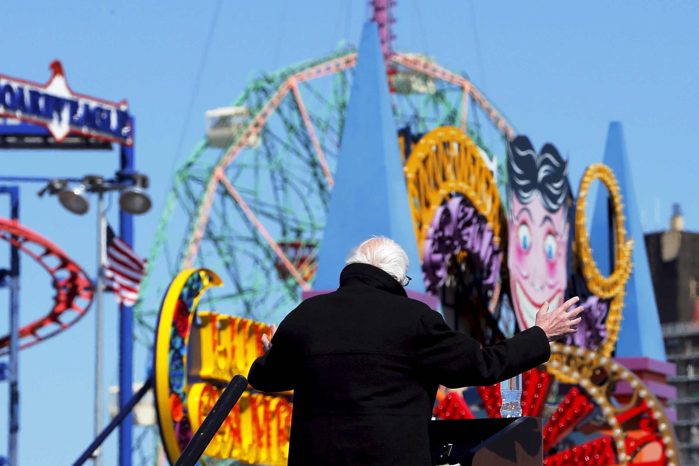 Democratic presidential candidate, Vermont Sen. Bernie Sanders speaks at a campaign rally on the boardwalk in Coney Island, New York on April 10, 2016.