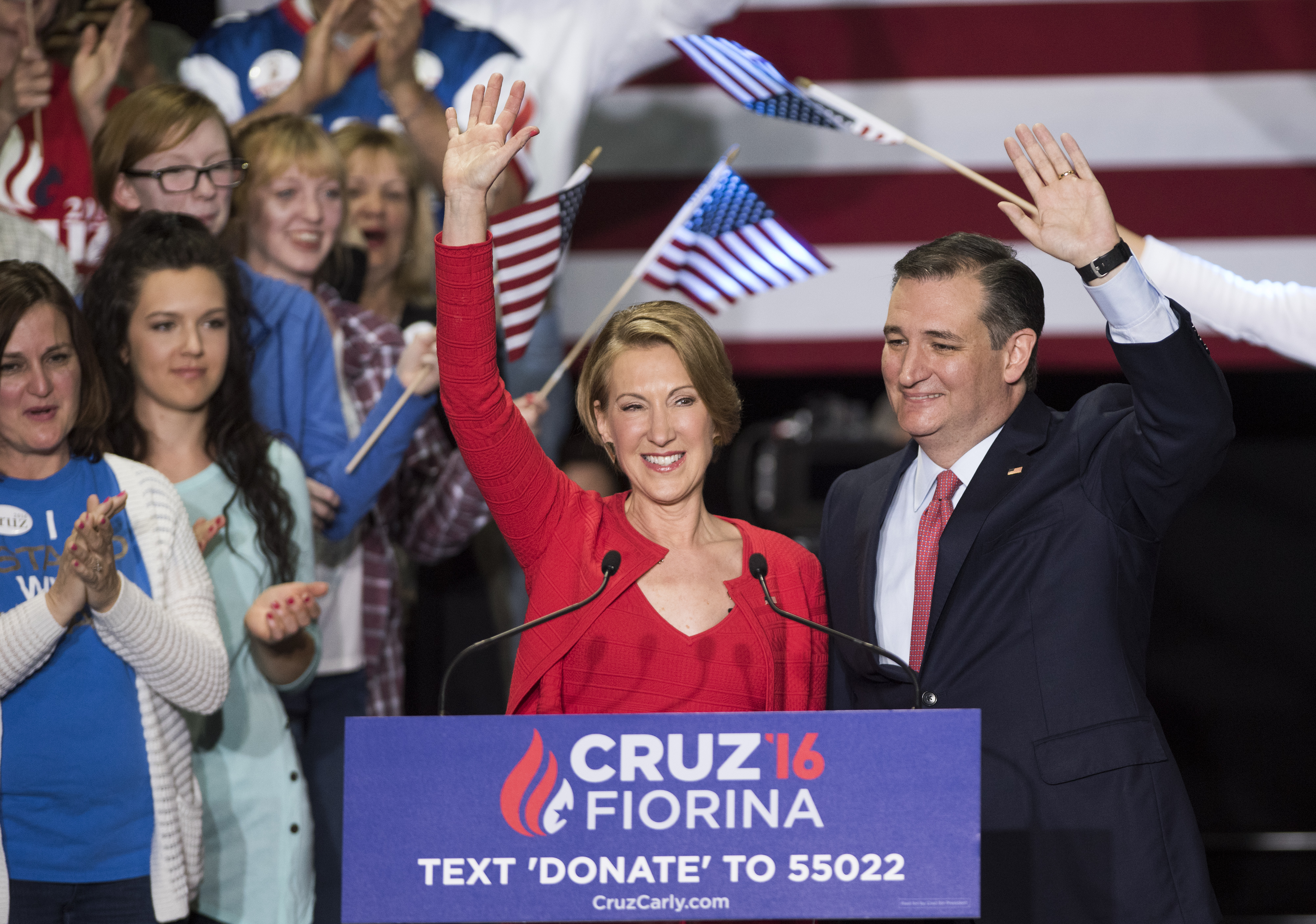 Republican presidential candidate Sen. Ted Cruz (R-TX) (R)  greets supporters with former Hewlett-Packard chief executive Carly Fiorina at a campaign rally in the Pavilion at the Pan Am Plaza in Indianapolis on April 27, 2016.