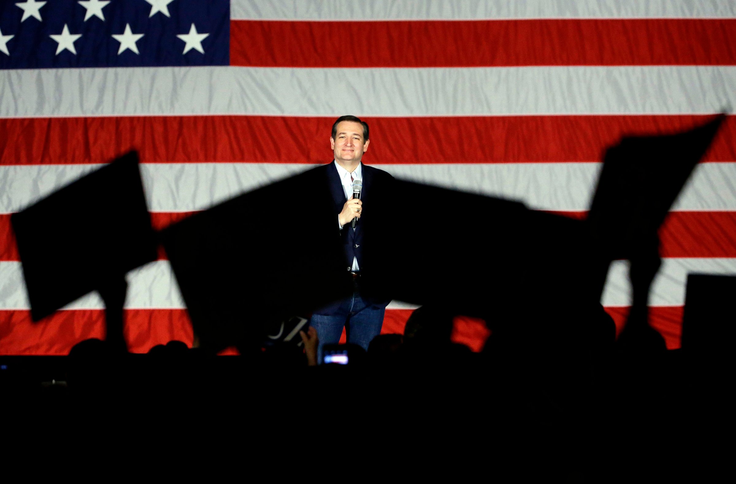 Republican presidential candidate, Sen. Ted Cruz, R-Texas, looks to supporters as he speaks at a campaign stop at Waukesha County Exposition Center on April 4, 2016, in Waukesha, Wis.
