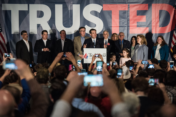 Republican presidential candidate Ted Cruz addresses the crowd at a watch party for the candidate Saturday, February 20, 2016 in Columbia, South Carolina.