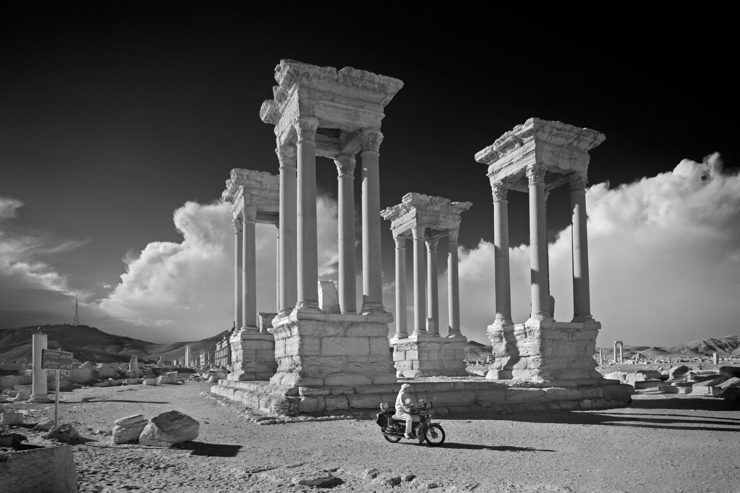 The Tetrapylon, in Syria’s ancient city of Palmyra, 2009.They were built as landmarks at significant crossroads or geographical 'focal points', as a 'sub-type' of the Roman triumphal arch.
