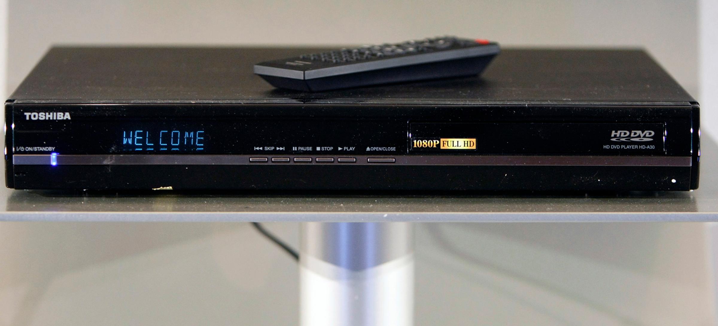 A Toshiba HD-A30 HD DVD player with 1080p resolution is shown at a news conference at the CES in Las Vegas