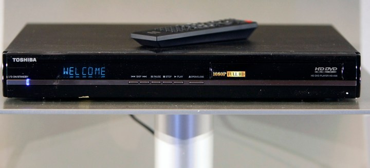A Toshiba HD-A30 HD DVD player with 1080p resolution is shown at a news conference at the CES in Las Vegas