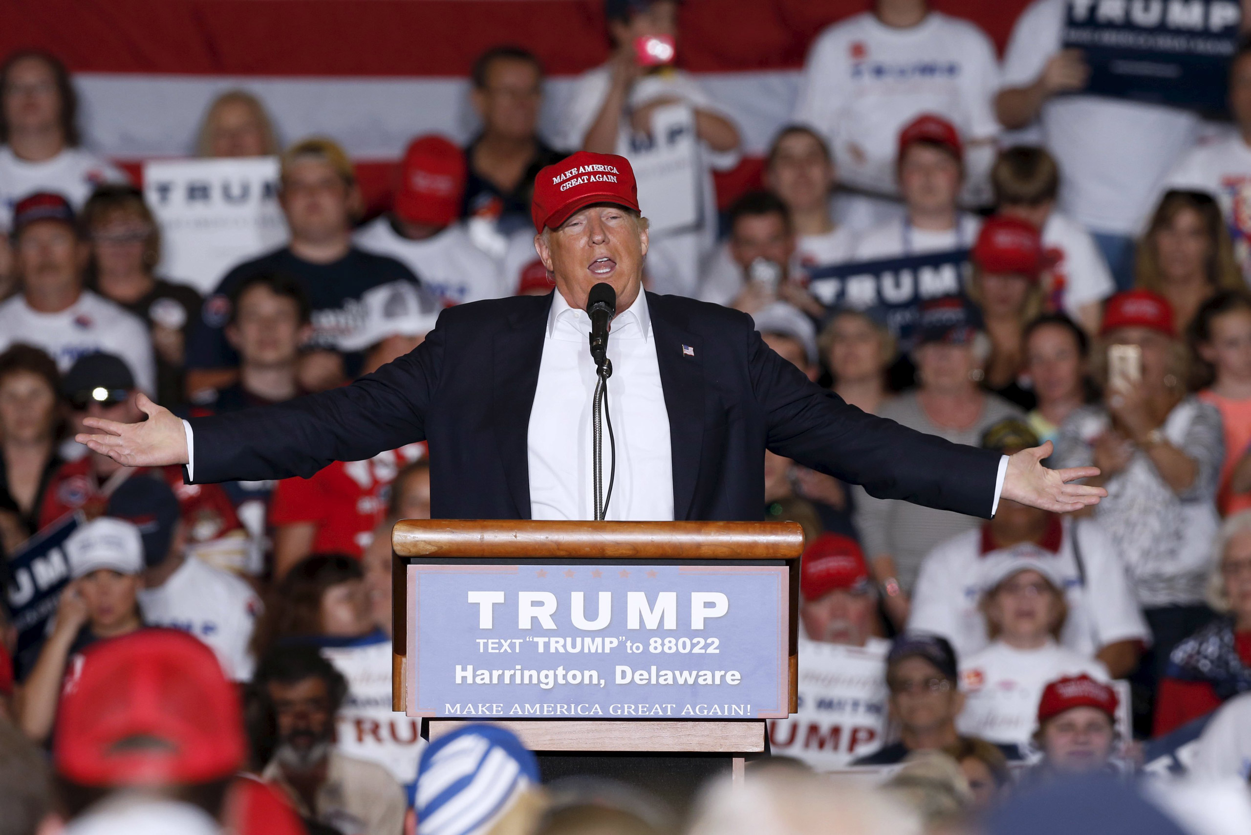 Republican presidential candidate Donald Trump holds a rally with supporters in Harrington, Delaware, U.S., April 22, 2016.