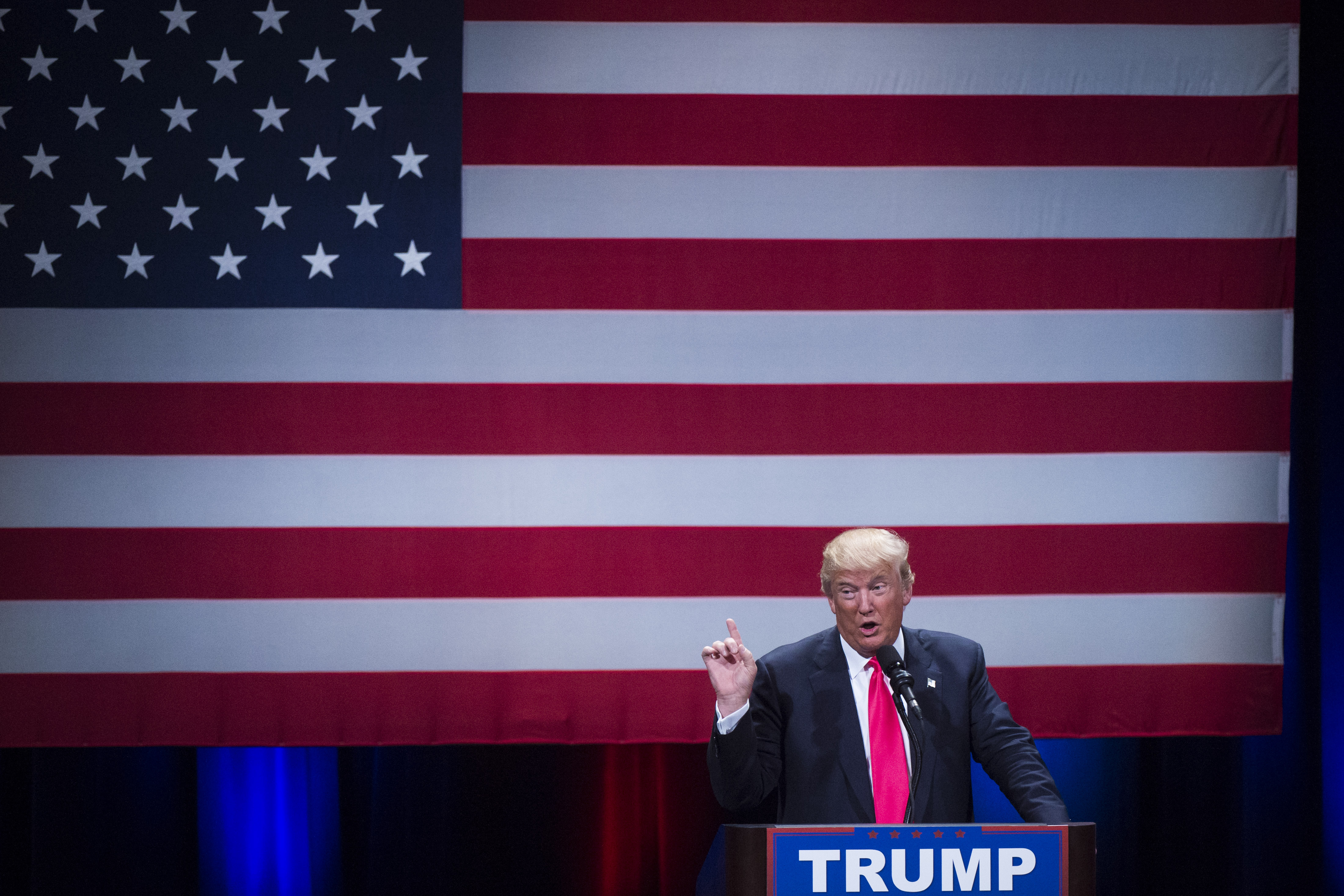 Republican presidential candidate Donald Trump speaks during a campaign event at the Milwaukee Theatre in Milwaukee, Wisc., on April 04, 2016.