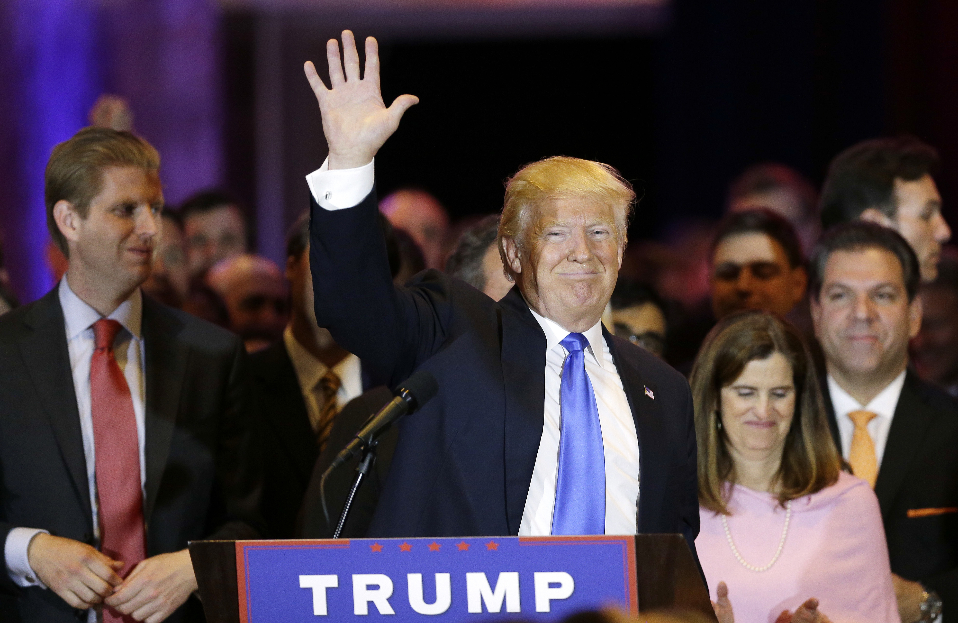 Donald Trump waves after speaking during a primary night event in New York, on April 26, 2016. (Julie Jacobson—AP)
