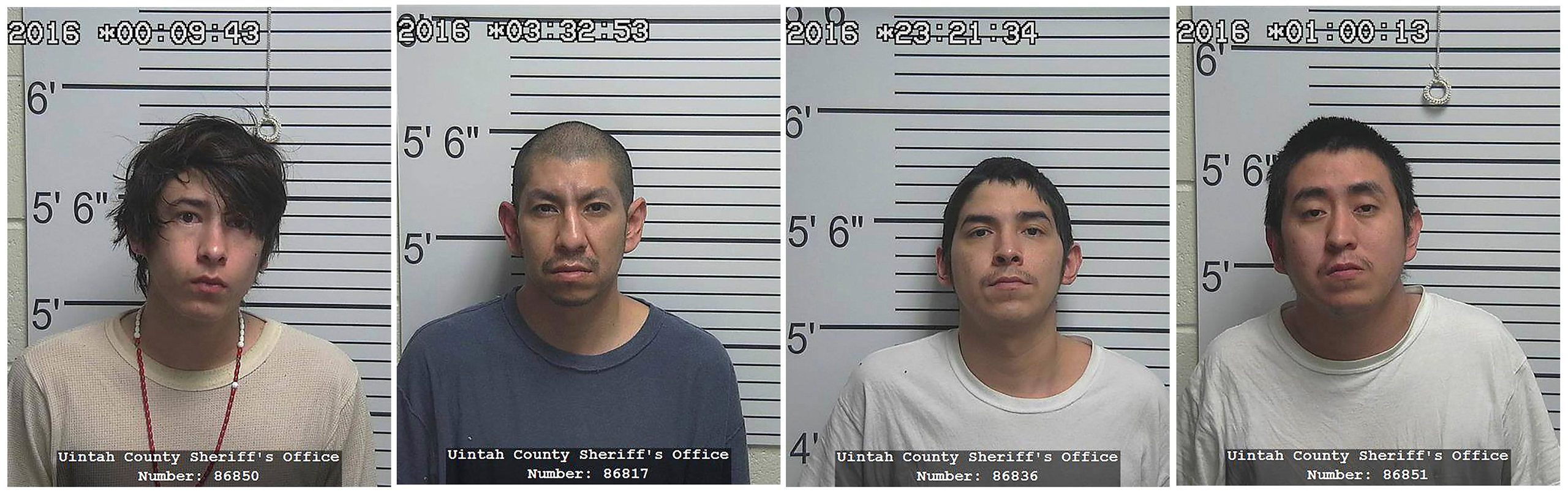 From left: Josiah RonDeau, Larson RonDeau, Randall Flatlip, Jerry Flatlip are seen in a combination of undated pictures released by the Uintah County Sheriff's Department in Utah. The four men were arrested on March 29, March 31 and April 1 and charged with rape and sodomy on a child, police said. (Uintah County Sheriff's Department/Reuters)