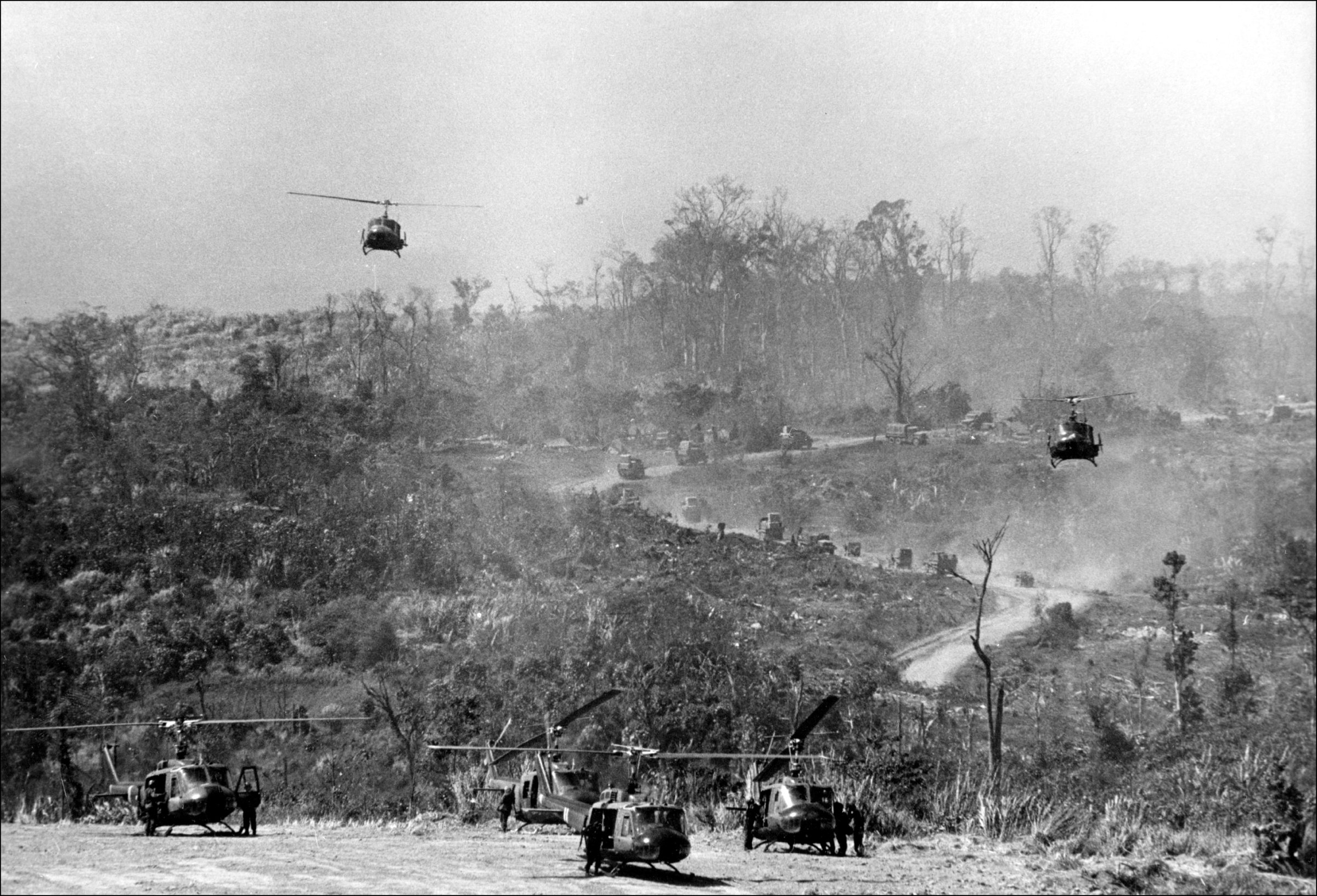 American helicopters land at Khe Sanh base on the Laos border on Feb. 1, 1971 after it was "reactivated" following a Vitcong offensive in Laos.
