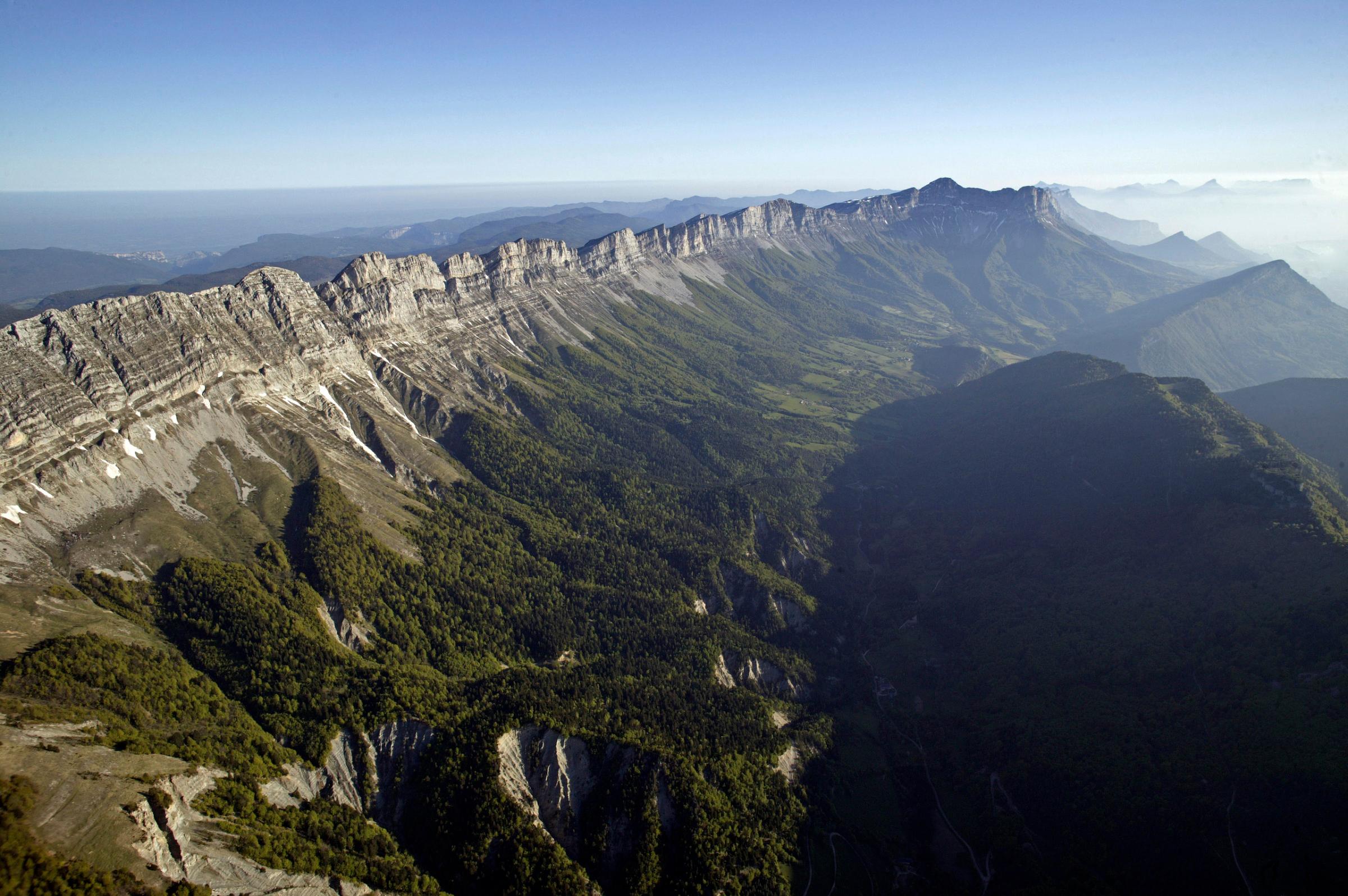 Vercors Massif, Vercors Regional Natural Park, France. This park contains the French Western Alps and covers 135,000 hectares. The limestone cliffs here are dotted with caves and were a base for the French Resistance during WWII.
