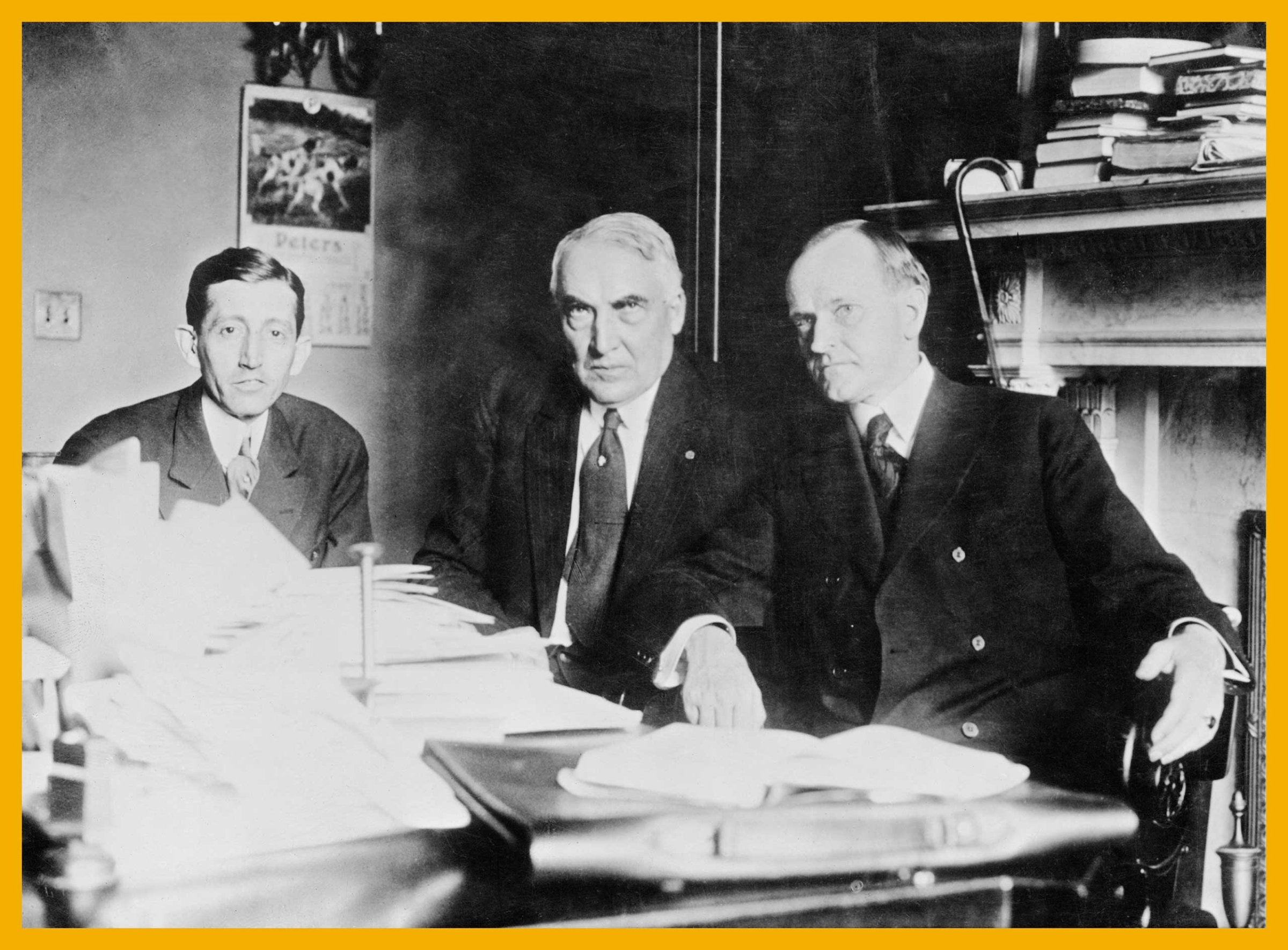 Chairman of the Republican National Committee, Will H. Hays at his first conference with Republican presidential nominee, Senator Warren G Harding, and his running mate, Governor of Massachusetts, Calvin Coolidge. Washington DC, 1920.