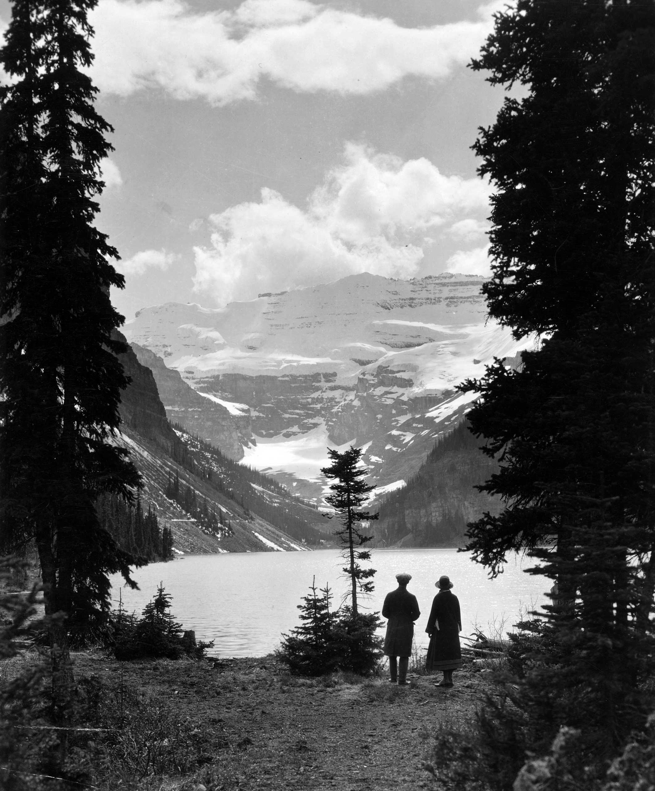 Lake Louise, a glacial lake in Banff National Park, Alberta, Canada. Circa 1930.