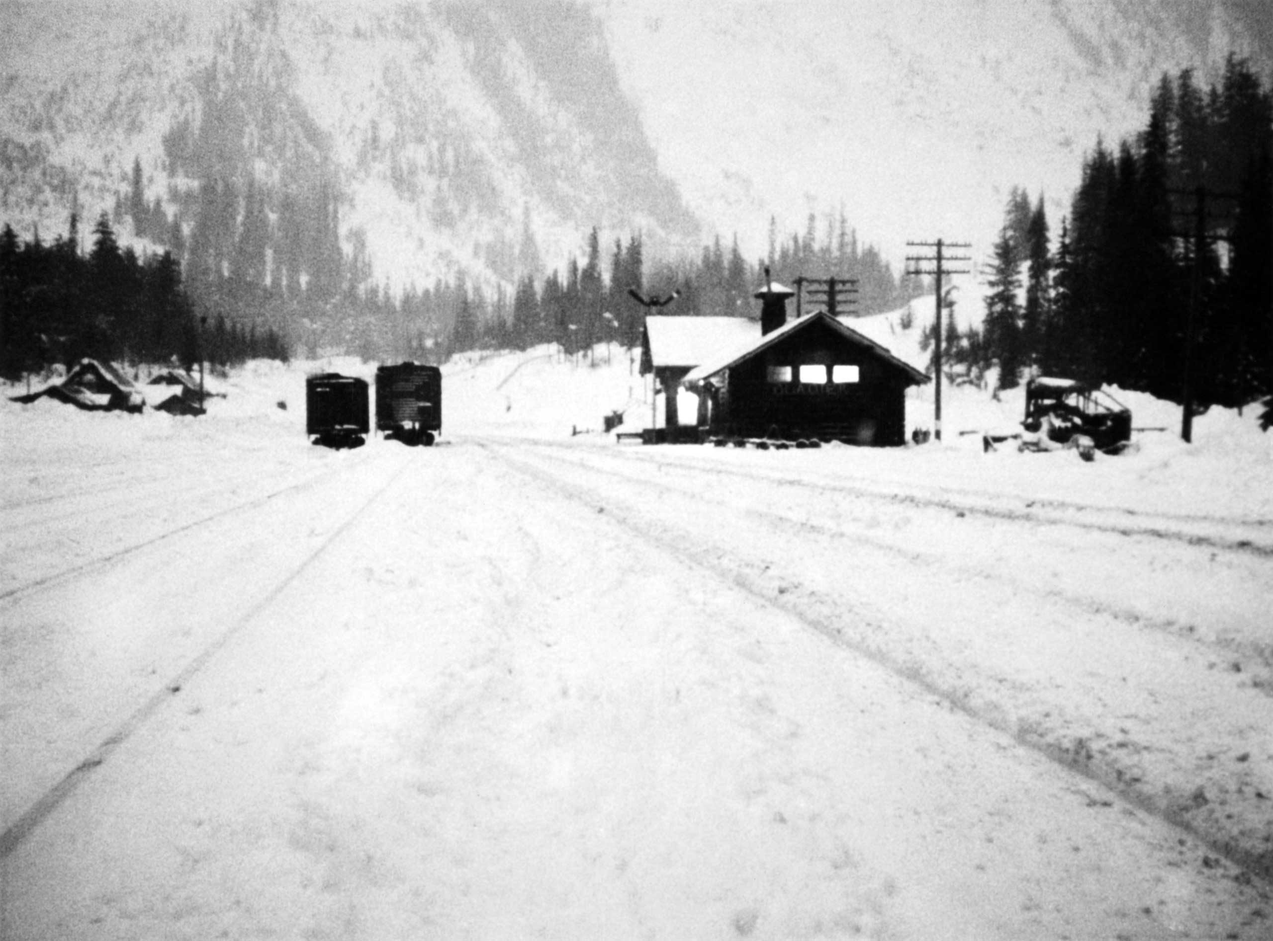 Canadian Pacific Railway station at Glacier, a railway whistlestop and locality near the summit of the Rogers Pass in Glacier National Park, British Columbia, Canada, 1958.