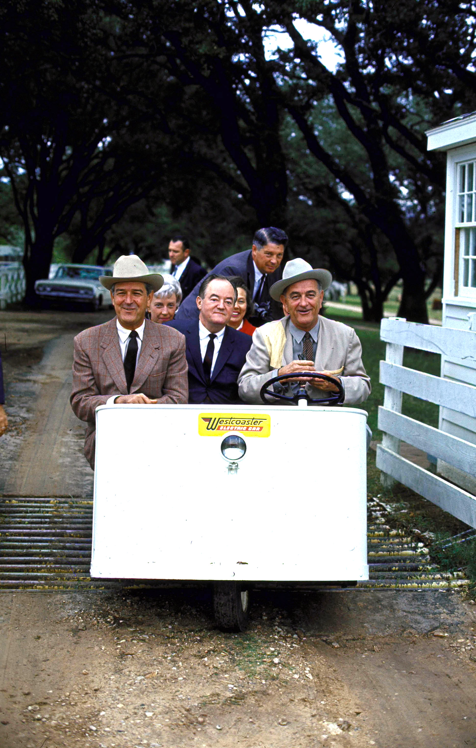(L-R) VP Hubert Humphrey, Texas governor John Connally and President Lyndon Johnson on Johnson's ranch morning after he and Humphrey won the national election. 1964.