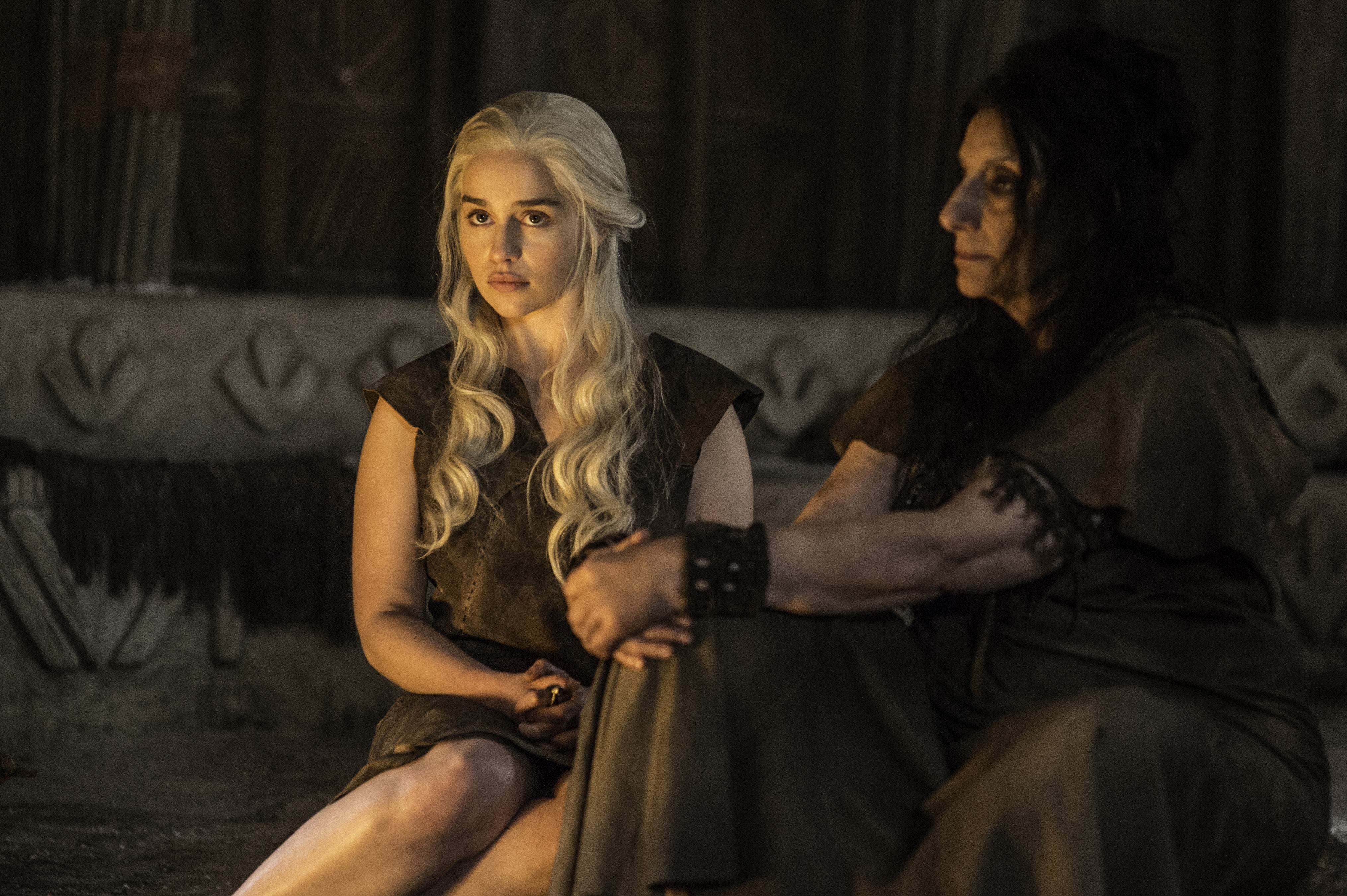 Emilia Clarke (L) and Souad Faress (R) in HBO's <i>Game of Thrones</i> (Helen Sloan—HBO)