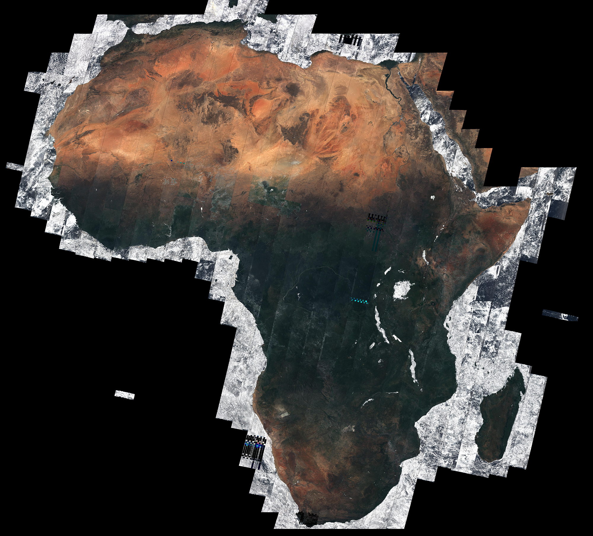 Using almost 7000 images captured by the Sentinel-2A satellite, this mosaic offers a cloud-free view of the African continent – about 20% of the total land area in the world. The majority of these separate images were taken between December 2015 and April 2016, totaling 32 TB of data. (Copernicus Sentinel/Brockmann Consult/Université catholique de Louvain/ESA)